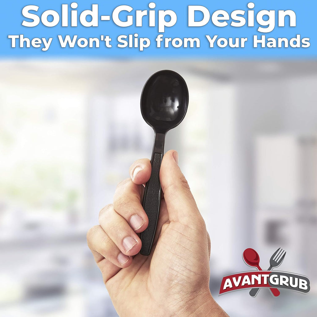 Extra Sturdy  Pro-Grade Plastic Soup Spoons 50 CT. Black  Heavy Duty Recyclable Utensils for Soups  Stews  Chili and Gumbo. Heavyweight Round Spoon is Perfect for Restaurants  Diners and Catering