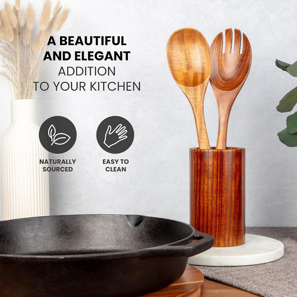 Zulay Kitchen Teak Wood Utensil Set – 2 Piece Large Wooden Salad Serving Spoon and Fork  Handcrafted Natural Teak Wood Kitchen Utensils  Durable  Nonstick Safe & Smooth Finish