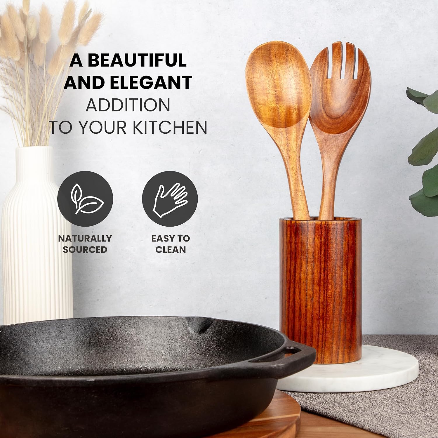 Zulay Kitchen Teak Wood Utensil Set – 2 Piece Large Wooden Salad Serving Spoon and Fork  Handcrafted Natural Teak Wood Kitchen Utensils  Durable  Nonstick Safe & Smooth Finish