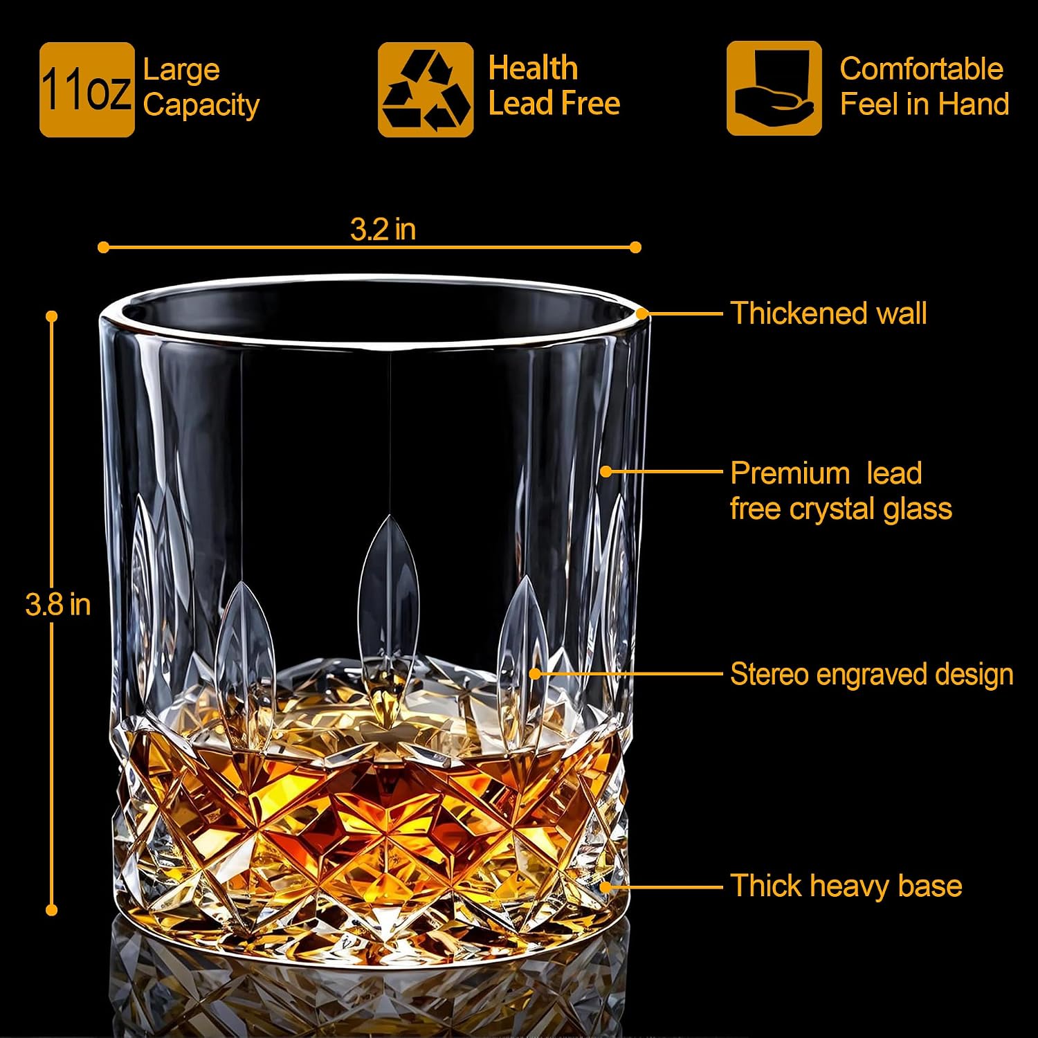 Whiskey Glasses Set of 8  11 oz Crystal Old Fashioned Glasses  Buy 6 Get 2 Free  Perfect for Bourbon  Scotch  Vodka  Gift for Men  Women  Dad  Father