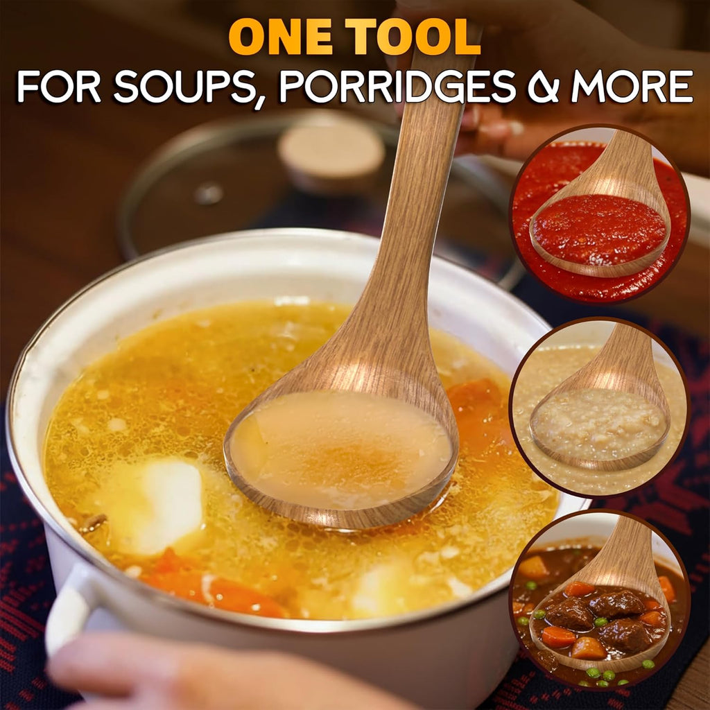 Wooden Ladle for Soup – 10.8×2.8" Deep Wood Ladle with 2.7 fl oz Capacity  Long Handle Hook-End & Lacquer Coating for Comfortable Grip – Easy-Clean Wooden Soup Spoon for Sauces  Stews & Kitchen Use