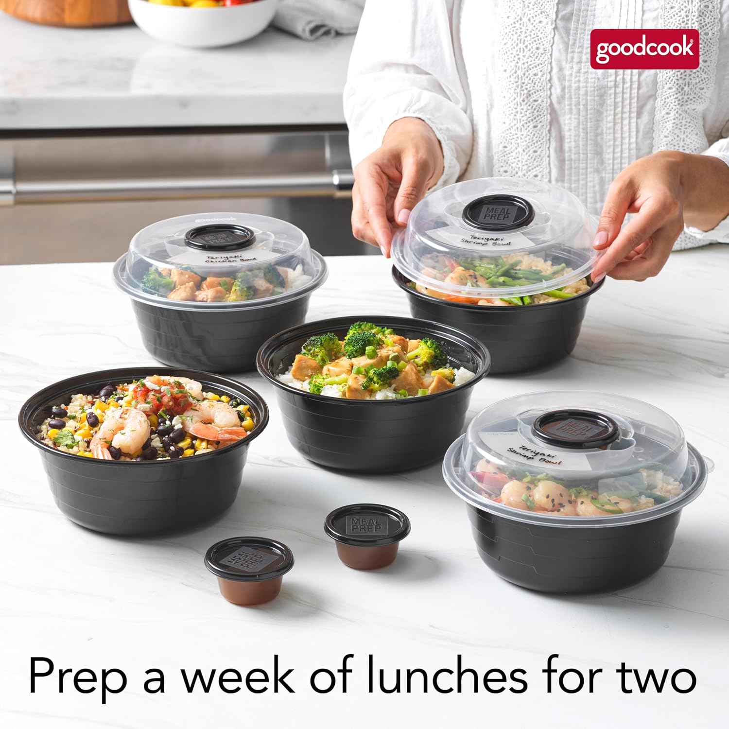 GoodCook 4-Cup Meal Prep Bowls Set with Lids and Dressing Cup  Microwavable Food Storage Containers for Meal Prepping  Set of 10  Black
