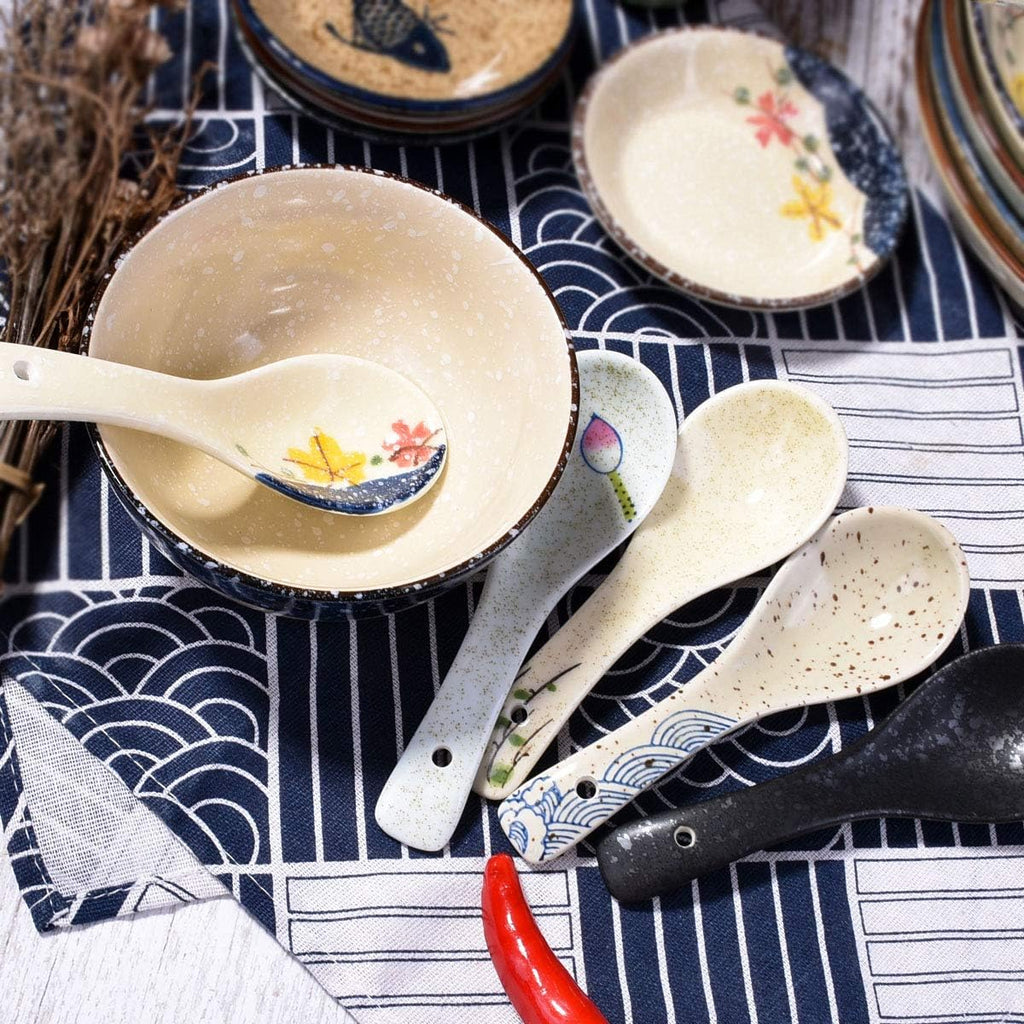 Japanese Soup Spoons Set of 5  Delicate Asian Ceramic Ramen Spoon Suitable for Gravy Cake Pho Oatmeal Chaos Dumplings Salad As A Good Tableware