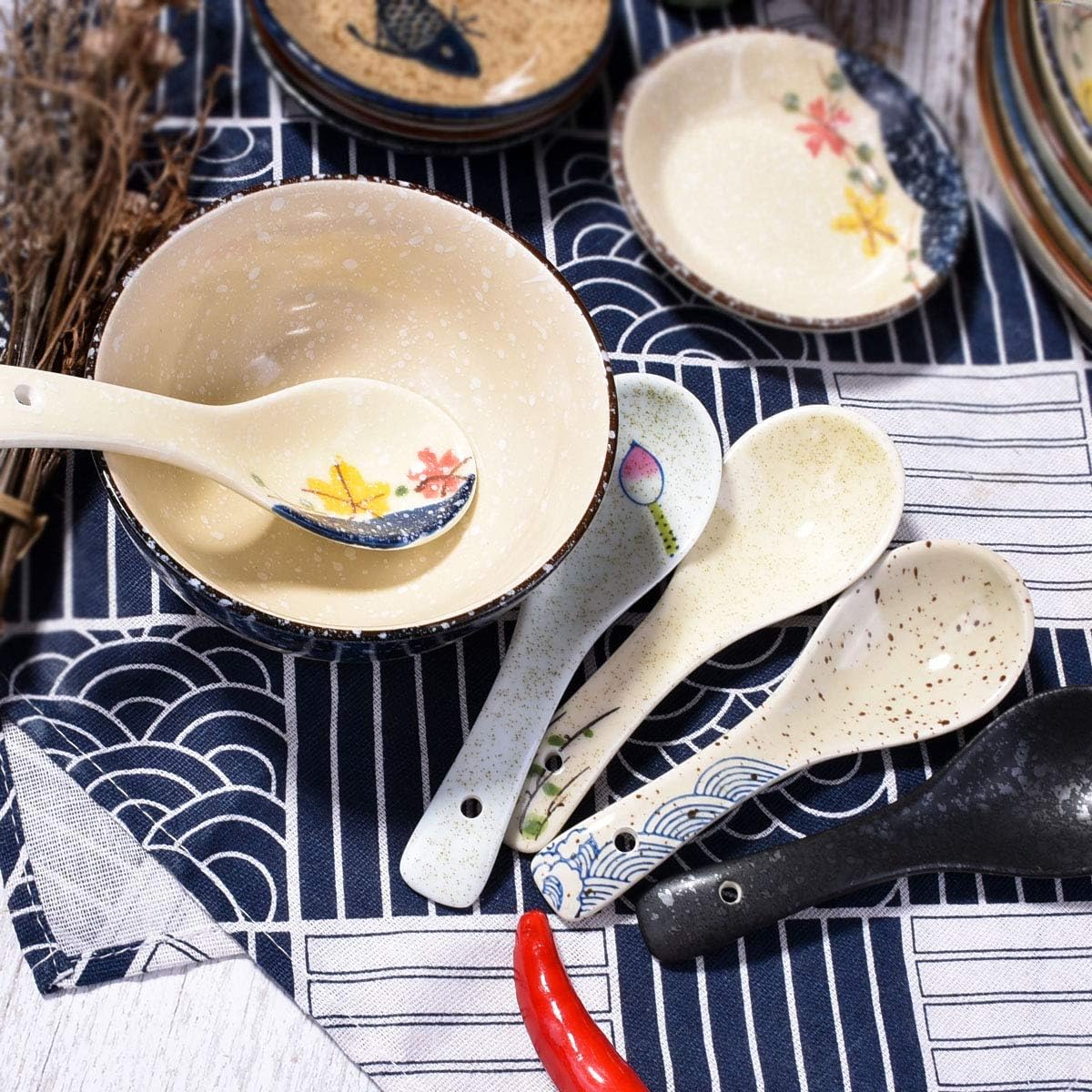 Japanese Soup Spoons Set of 5  Delicate Asian Ceramic Ramen Spoon Suitable for Gravy Cake Pho Oatmeal Chaos Dumplings Salad As A Good Tableware