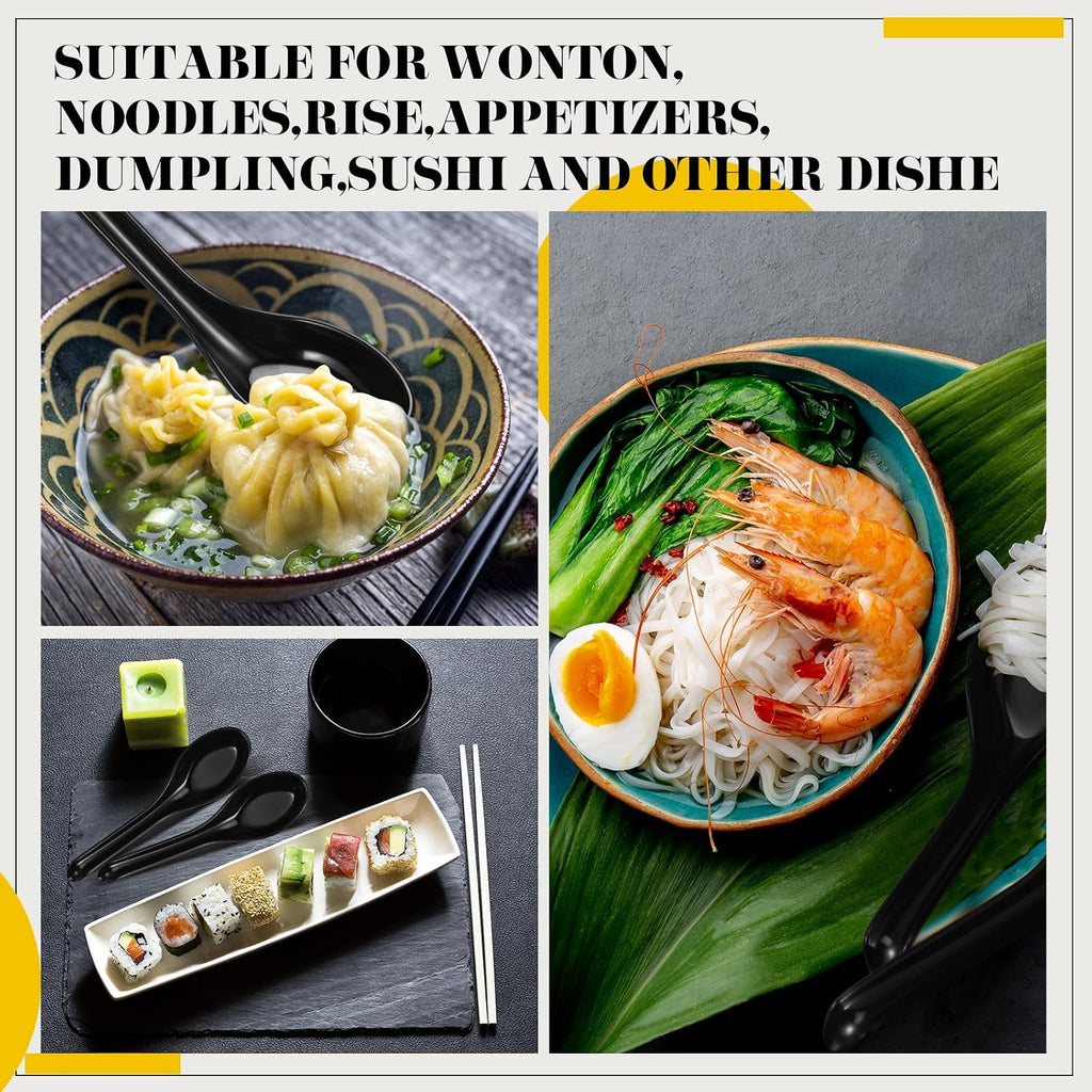 Hushee 100 Pcs Asian Soup Spoon Large Chinese Noodle Ramen Reusable Japanese Wonton Rice Dumpling Pho Spoon Bulk with Hook for Home Restaurant Kitchen (Black)