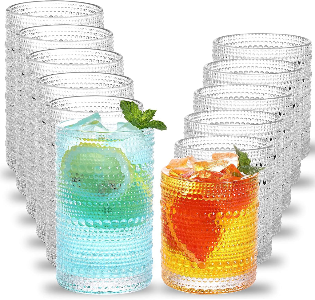 Moretoes Hobnail Drinking Glasses Set of 12  12 Oz Highball Glasses & 10 Oz Cocktail Glasses  Clear Embossed Boho Glass Cups Kitchen Bar Tumbler Glassware Set for Whiskey  Beer  Juice  Milk