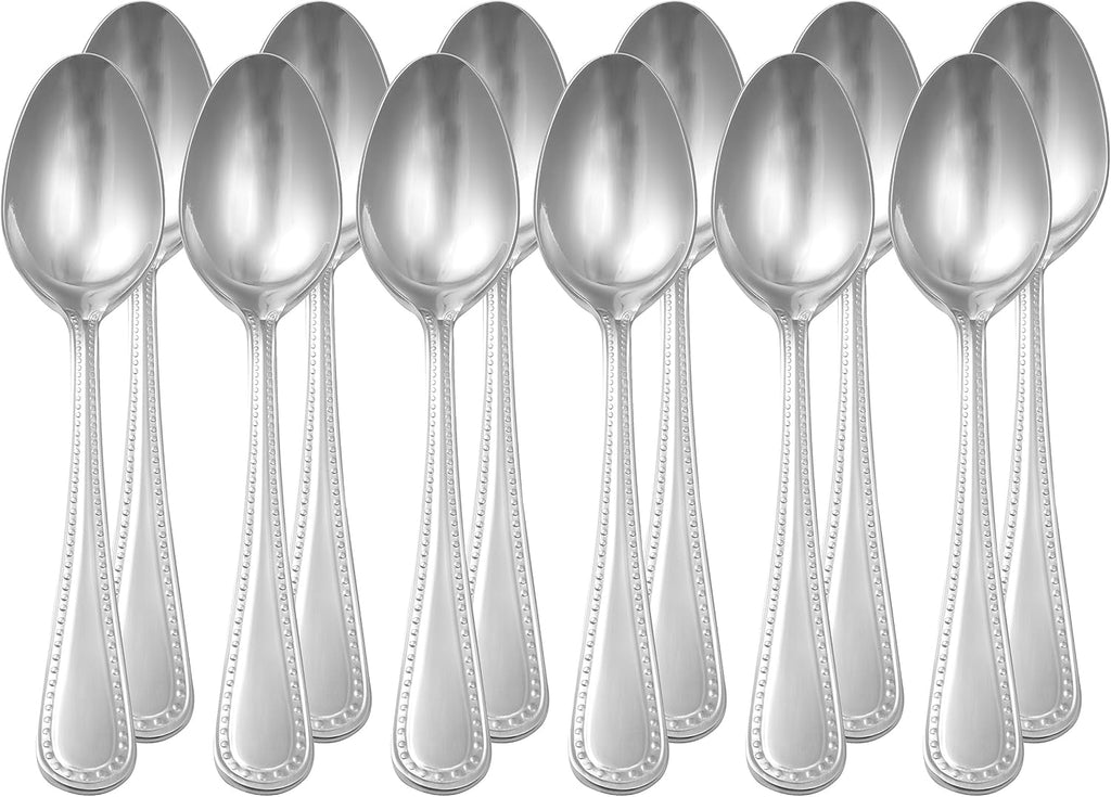 Amazon Basics Stainless Steel Dishwasher Safe Dinner Spoons with Pearled Edge  Large Tablespoons  7.7 inches  Pack of 12  Silver