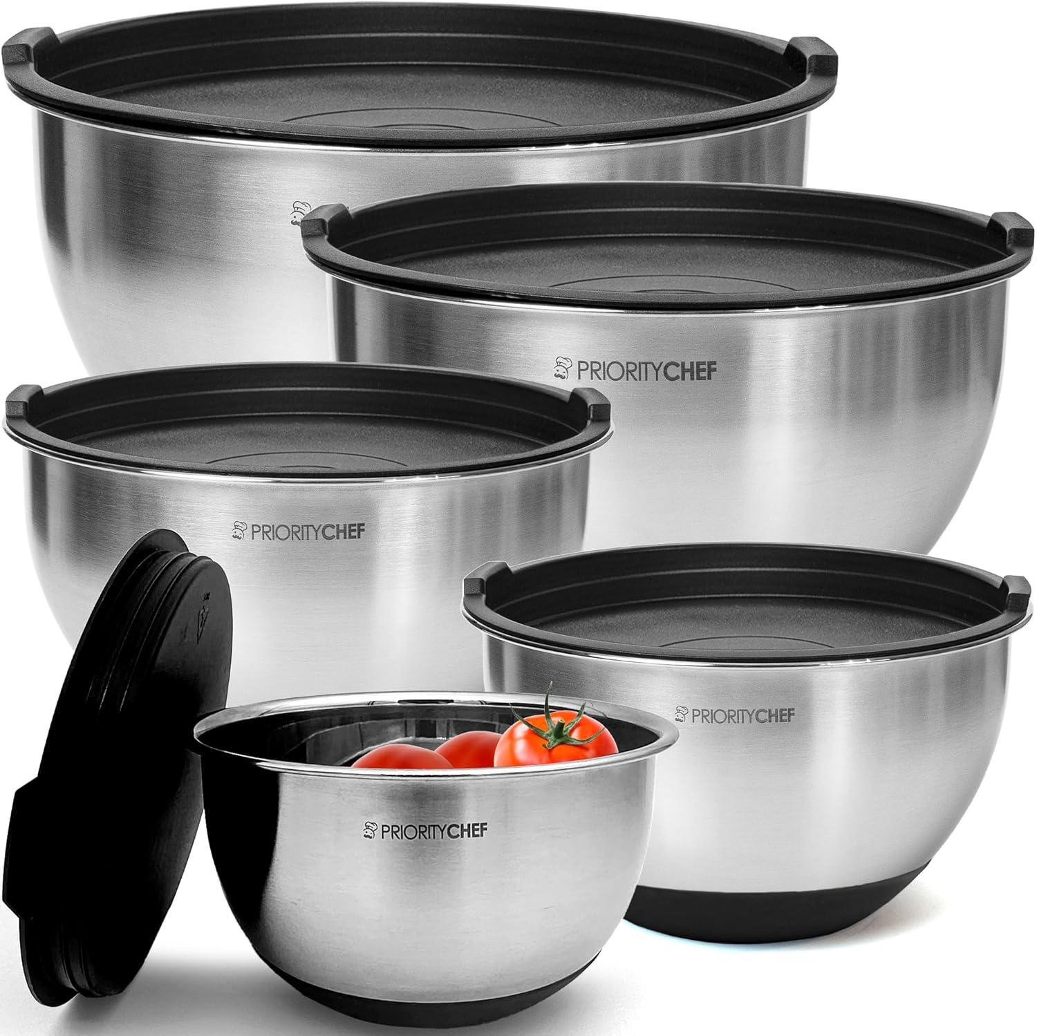 Priority Chef Premium Mixing Bowls With Lids Set  Airtight Lids  Thicker Stainless Steel  Non-Slip Base  5 Nesting Steel Bowls for Kitchen  Large Prep Metal Bowl Set 1.5/2/3/4/5 Qt  Black