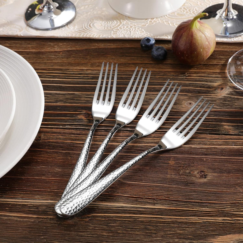 KEAWELL Premium 4-Piece Louise Hammered Fork Set  18/10 Stainless Steel  Fine Fork Set with Round Edge  Brightly-Mirror polished  Dishwasher Safe. (4  8" Dinner Forks)