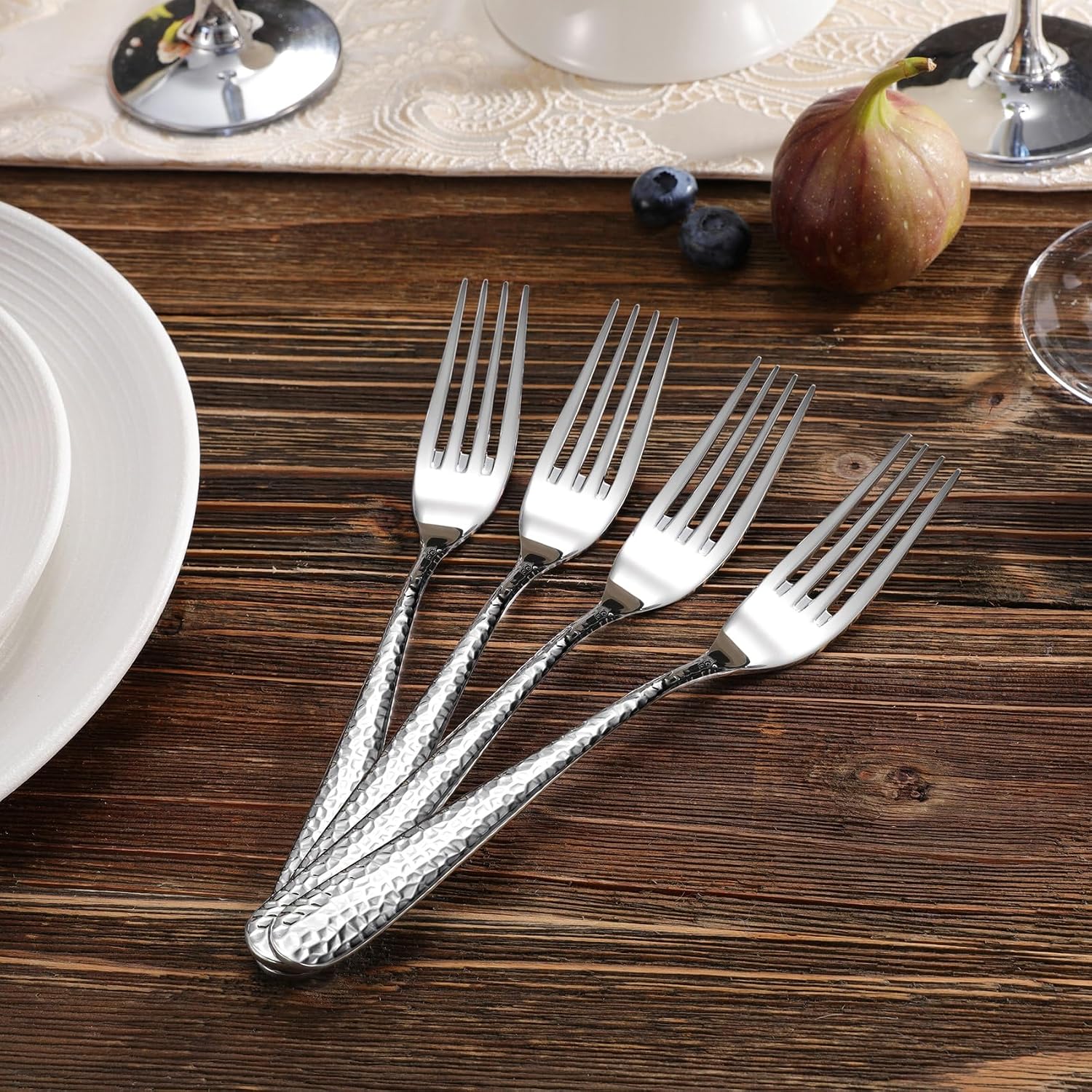 KEAWELL Premium 4-Piece Louise Hammered Fork Set  18/10 Stainless Steel  Fine Fork Set with Round Edge  Brightly-Mirror polished  Dishwasher Safe. (4  8" Dinner Forks)