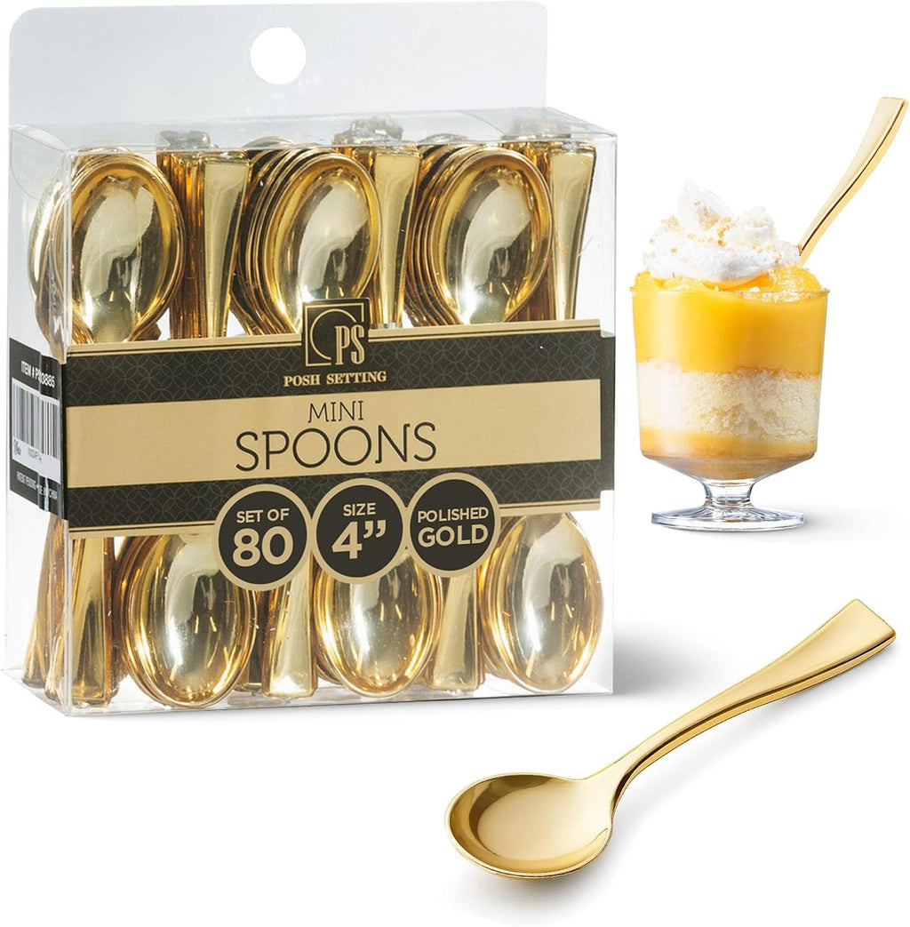 Posh Setting Plastic Mini Gold Spoons  4 inch Gold Dessert Spoon Disposable  Small Plastic Spoons for Dessert  Tiny Little Appetizer Spoon Golden (80 Pack)