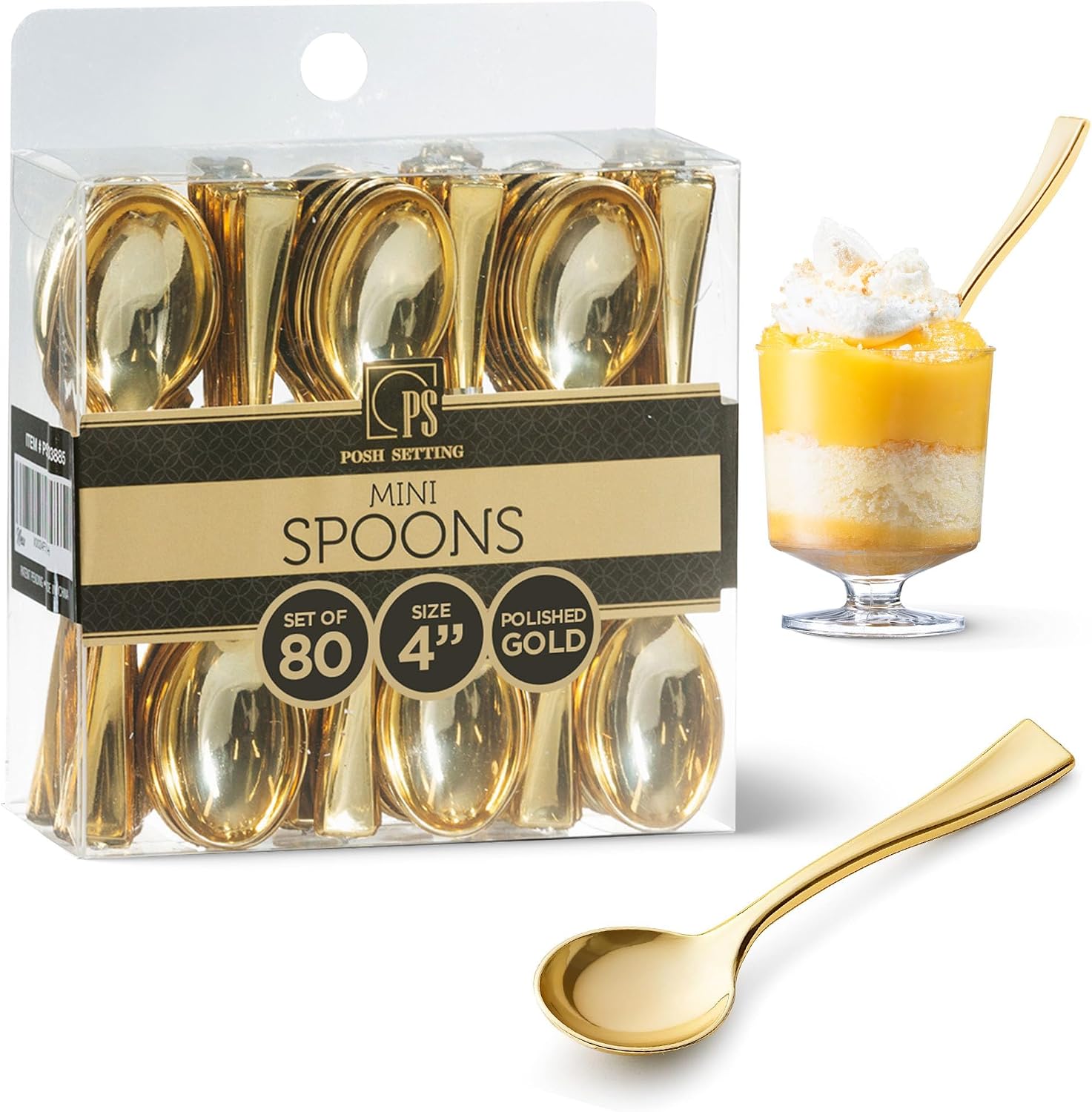 Posh Setting Plastic Mini Gold Spoons  4 inch Gold Dessert Spoon Disposable  Small Plastic Spoons for Dessert  Tiny Little Appetizer Spoon Golden (80 Pack)