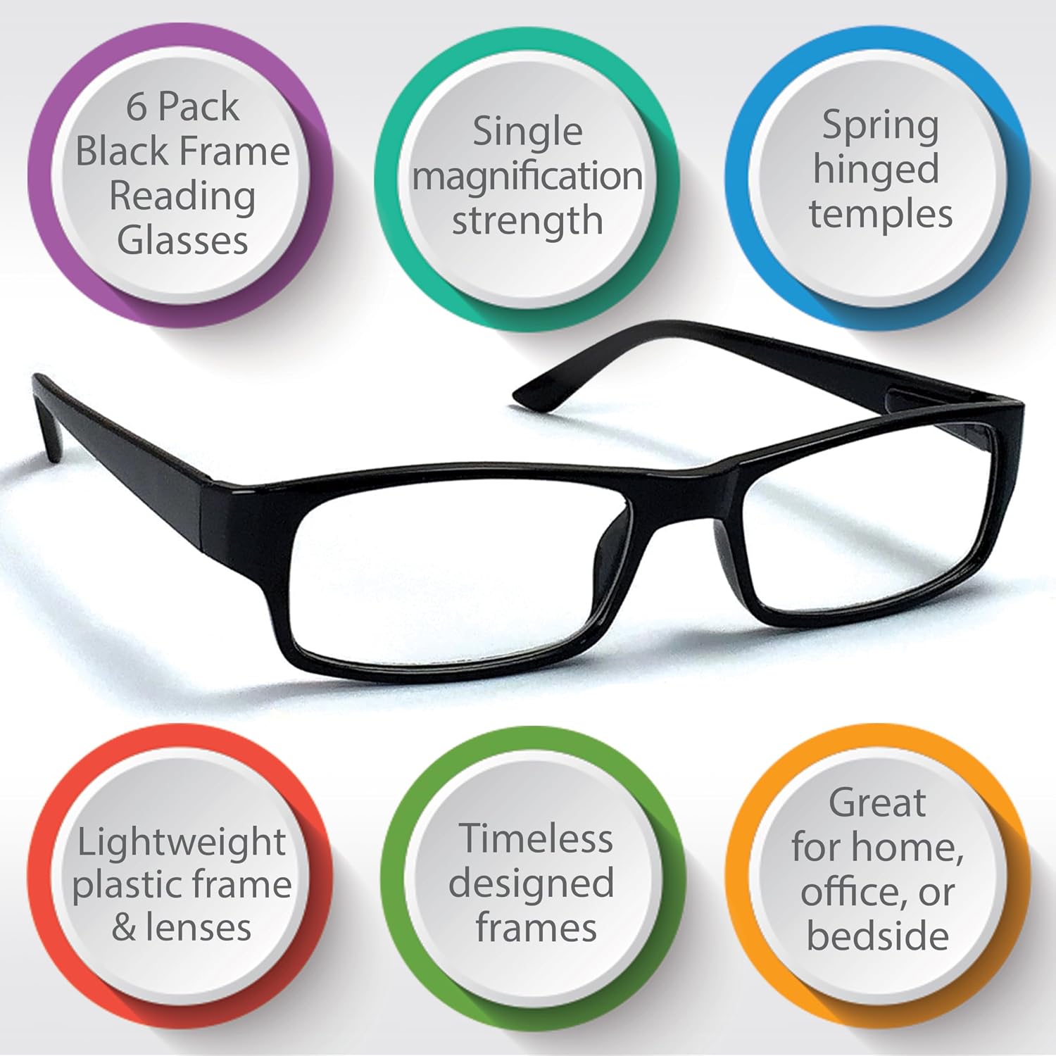 Boost Eyewear 6 Pack Reading Glasses  Traditional Black Frames  with Spring Loaded Hinges