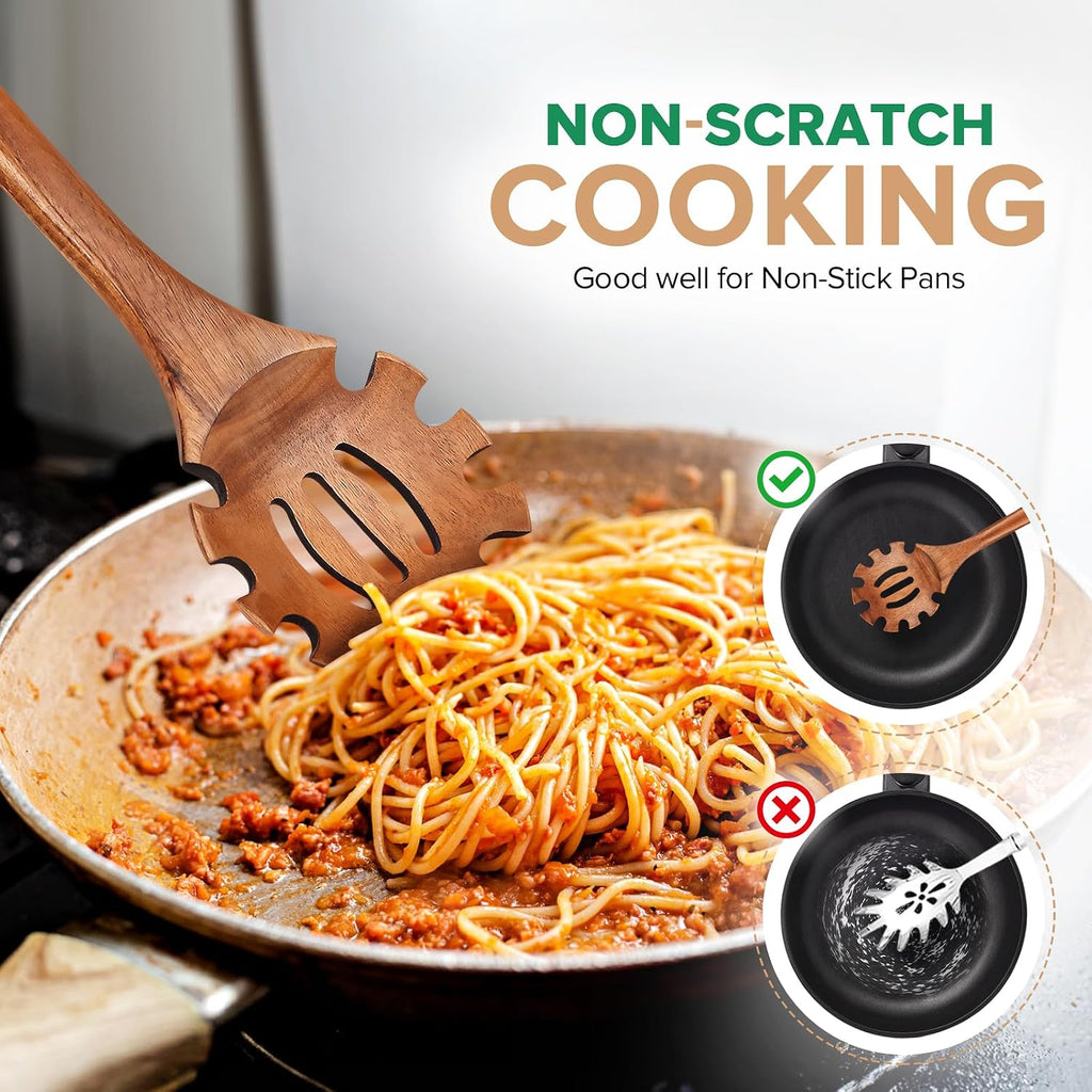 Wooden Spoons for Cooking 2 Pcs Wooden Utensil Set of Soup Ladle &Spaghetti Pasta Spoon with Teeth  Teak Wood Soup Ladle&Slotted Pasta Fork Strainer Spoon Set for Serving Collecting Noodle Gravy Sauce