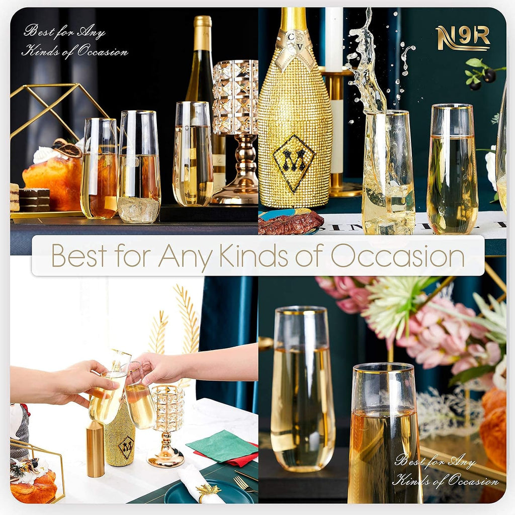 N9R 36PCS Plastic Champagne Flutes  9 Oz Stemless Disposable Gold Rim Toasting Glasses  Crystal Clear Cocktail Cups Drinkware Shatterproof Ideal for Party Wedding Birthday
