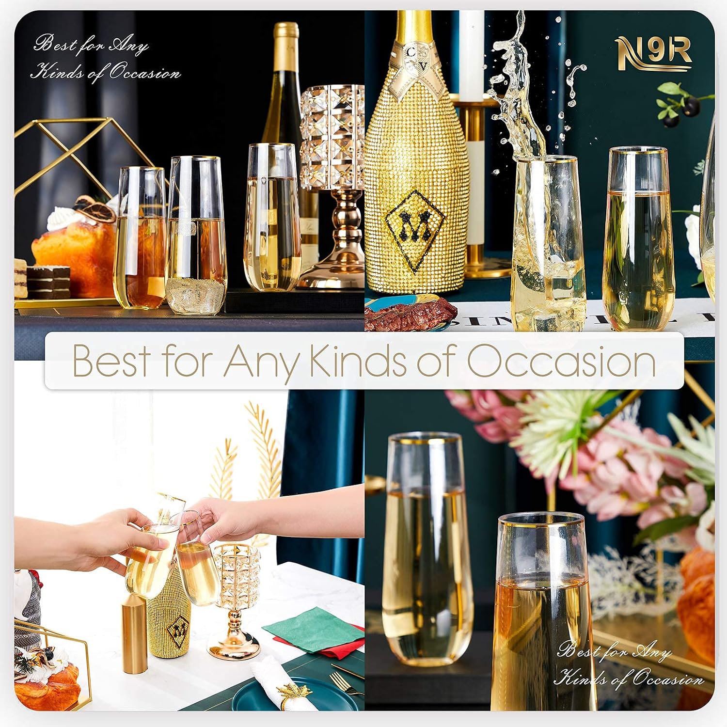 N9R 36PCS Plastic Champagne Flutes  9 Oz Stemless Disposable Gold Rim Toasting Glasses  Crystal Clear Cocktail Cups Drinkware Shatterproof Ideal for Party Wedding Birthday