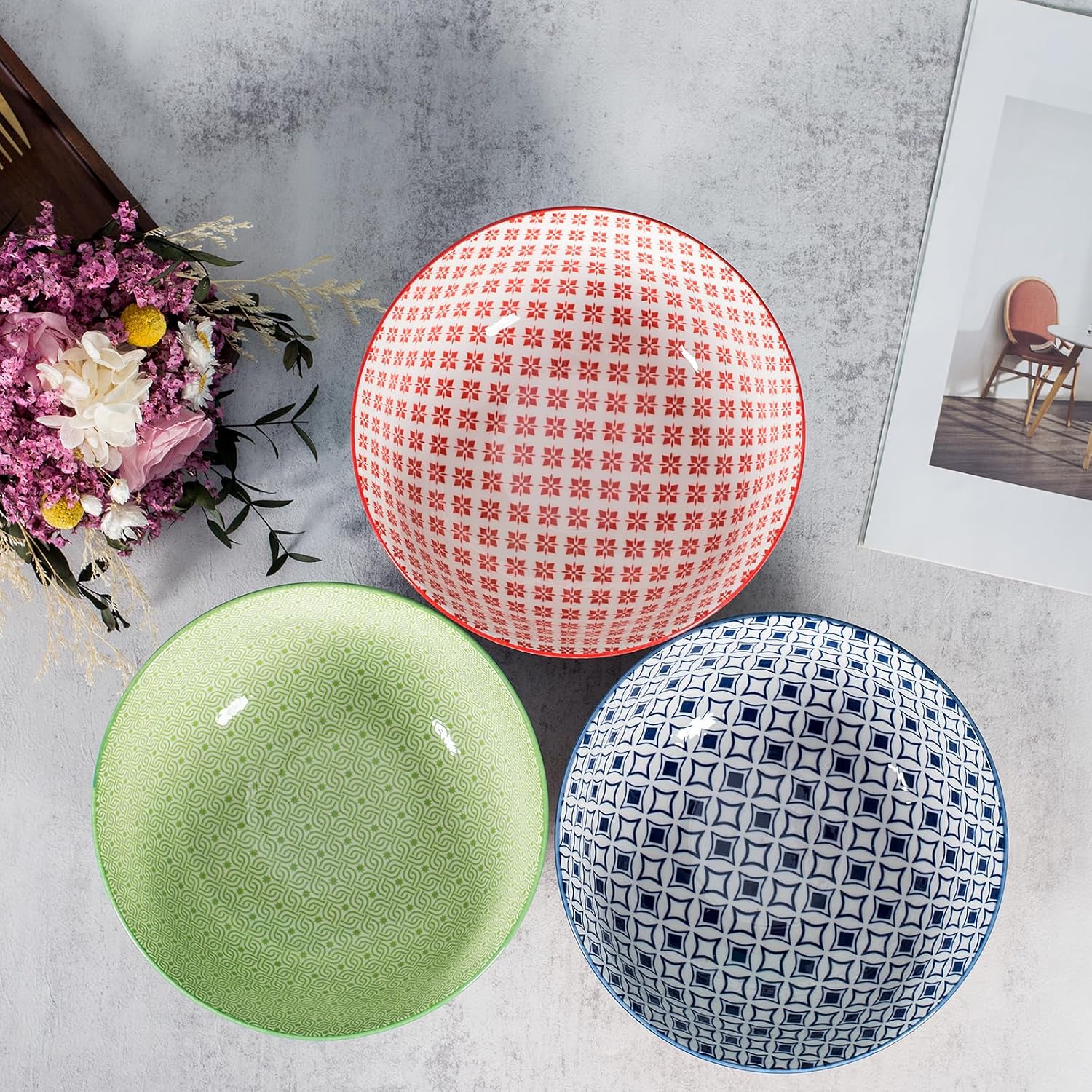 Large Serving Bowls - 60 oz Ceramic Salad Bowl - 8 Inch Serving Bowl Set - Big Soup Bowl For Kitchen - Microwave & Dishwashers Safe - Pho Fruit Pasta Popcorn Bowl - Set of 3
