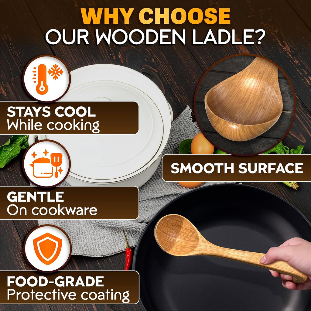 Wooden Ladle for Soup – 10.8×2.8" Deep Wood Ladle with 2.7 fl oz Capacity  Long Handle Hook-End & Lacquer Coating for Comfortable Grip – Easy-Clean Wooden Soup Spoon for Sauces  Stews & Kitchen Use