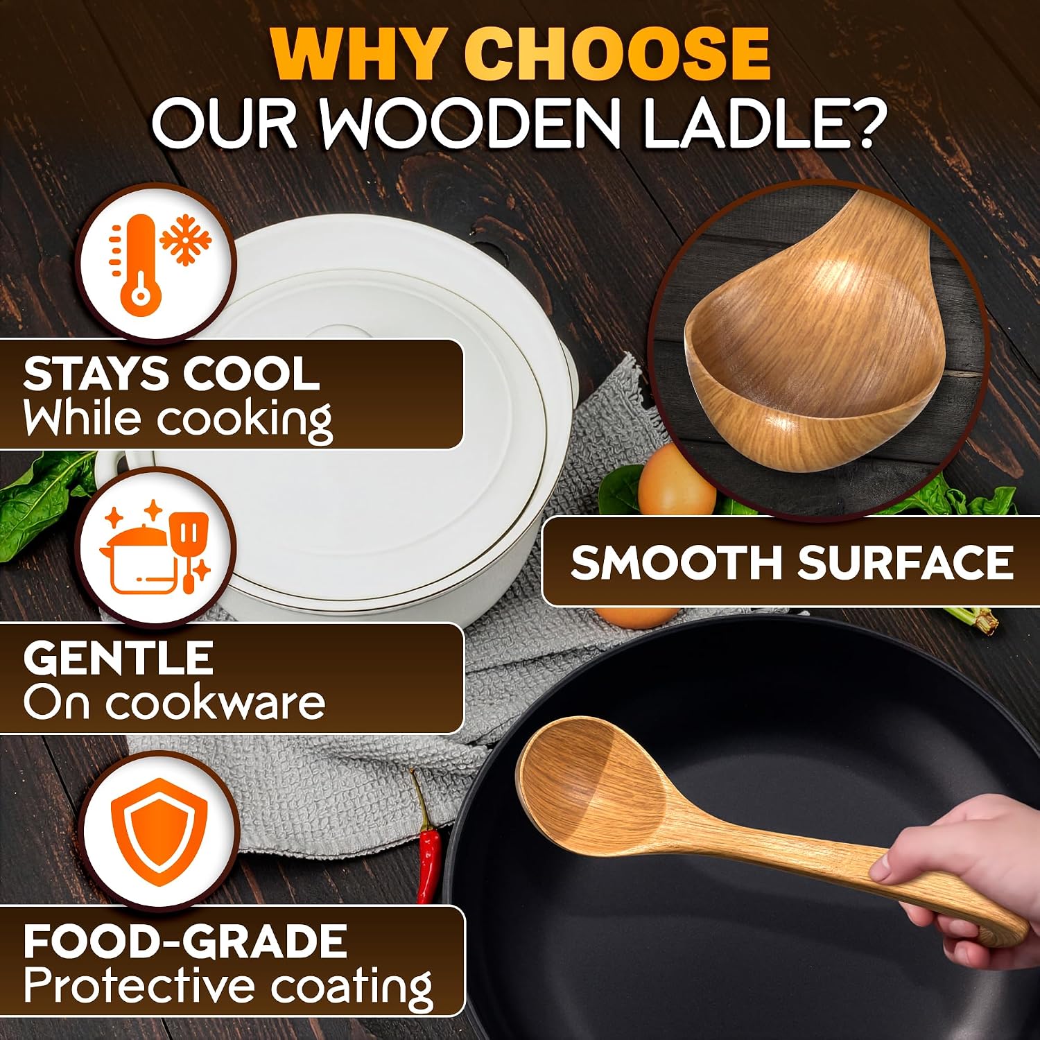 Wooden Ladle for Soup – 10.8×2.8" Deep Wood Ladle with 2.7 fl oz Capacity  Long Handle Hook-End & Lacquer Coating for Comfortable Grip – Easy-Clean Wooden Soup Spoon for Sauces  Stews & Kitchen Use