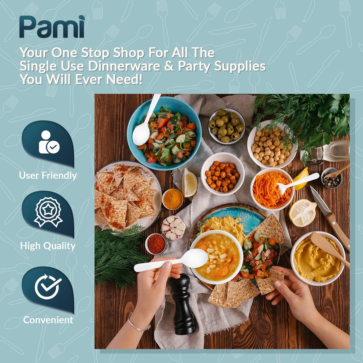 PAMI Heavy-Weight Disposable Plastic Soup Spoons [50-Pack] - Bulk King Size Deluxe White Plastic Silverware For Parties Weddings Caterings Food Stands Takeaway- Heavy-Duty Single-Use Party Spoons