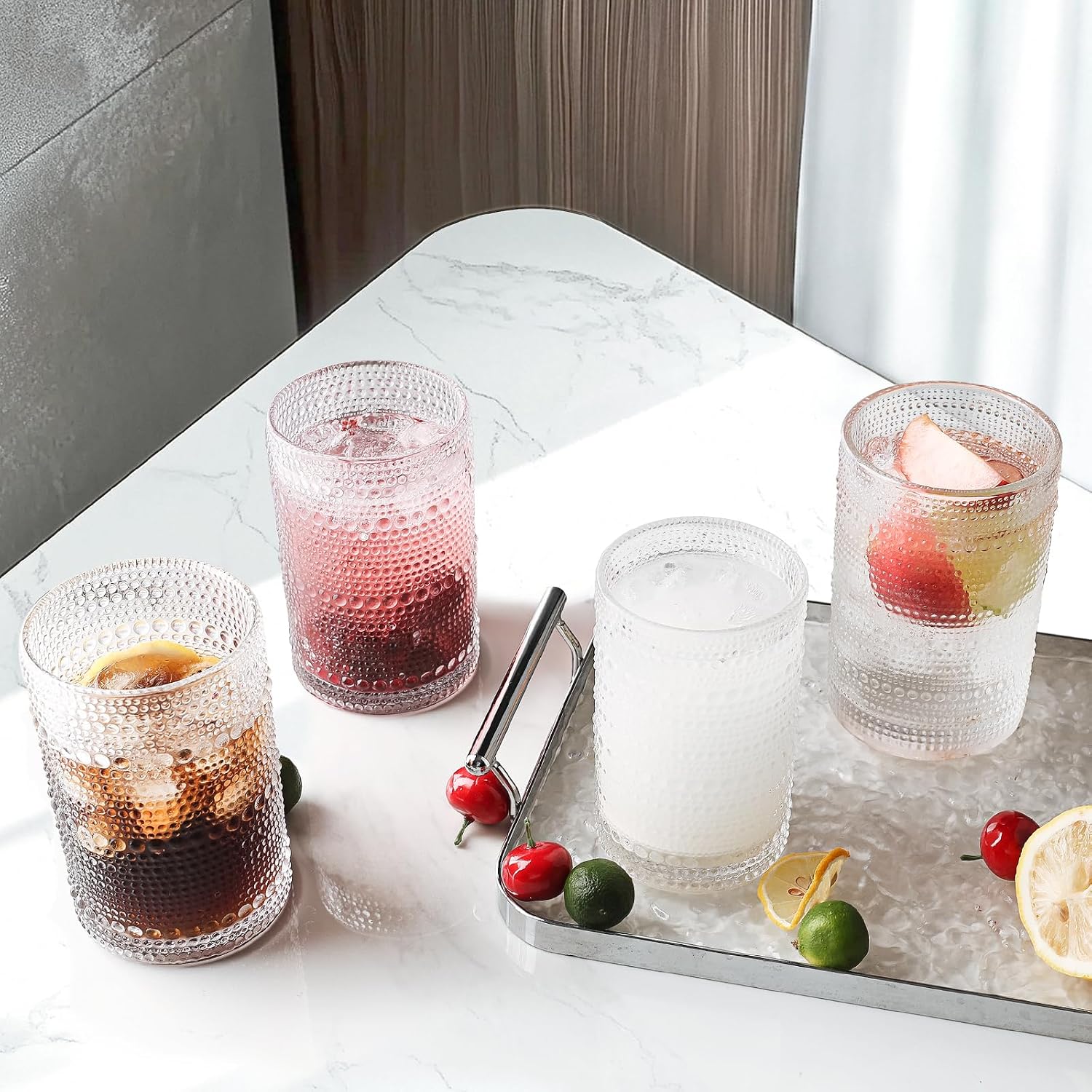 Hobnail Drinking Glasses Set of 6  16 Oz Vintage Embossed Glass Cup Kitchen Glassware Water Tumblers for Cocktails  Beer  Juice  Whiskey