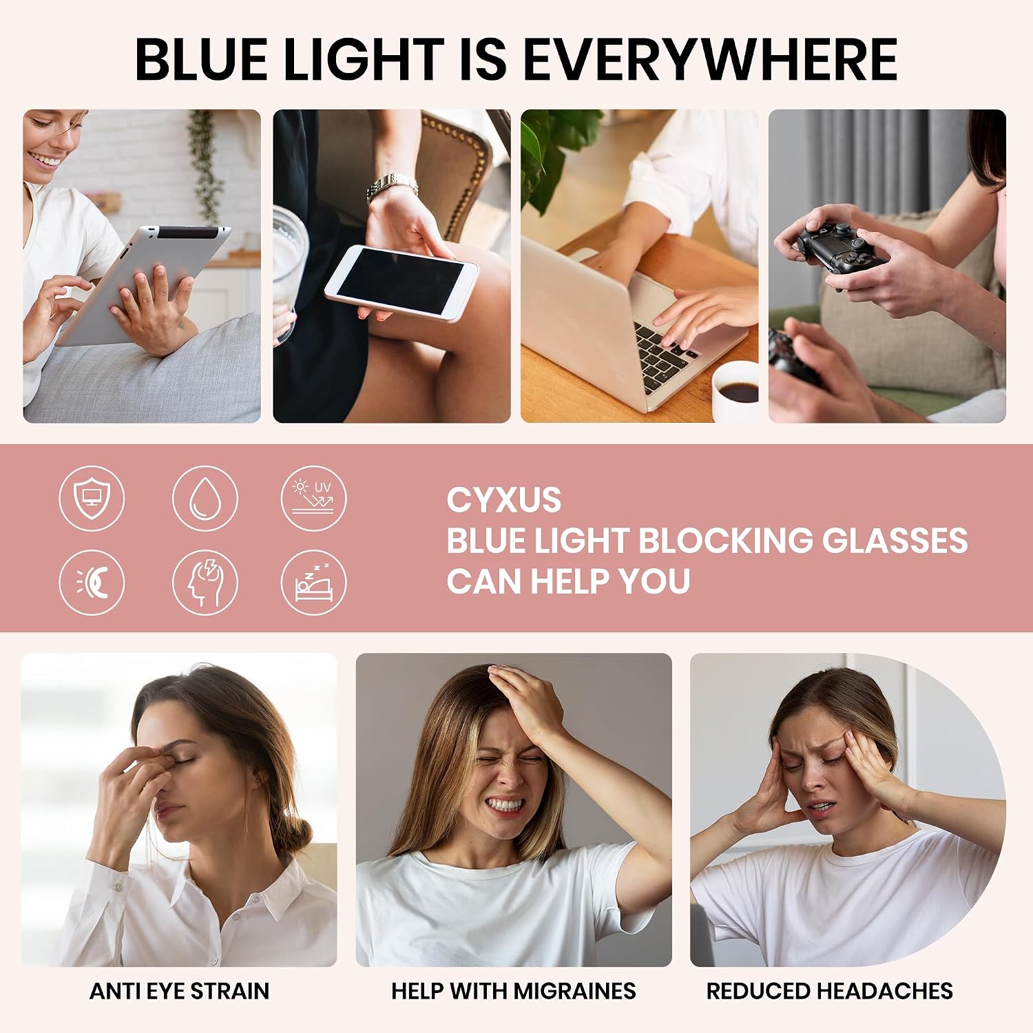 Cyxus Blue Light Glasses for Woman  Reduce Eye Strain Ideal for Office Working  Studying Ultra-Light TR90 for All-Day Comfort