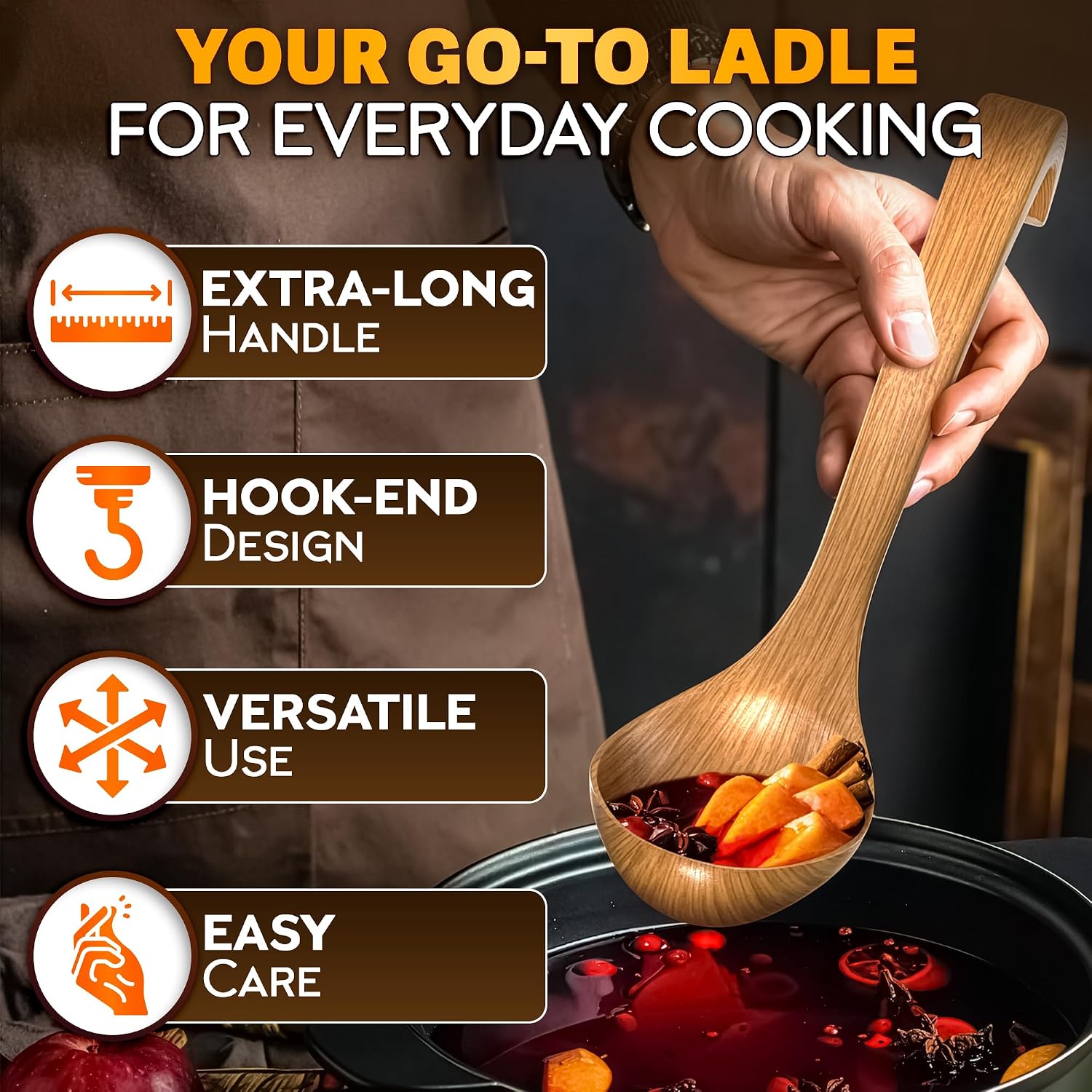 Wooden Ladle for Soup – 10.8×2.8" Deep Wood Ladle with 2.7 fl oz Capacity  Long Handle Hook-End & Lacquer Coating for Comfortable Grip – Easy-Clean Wooden Soup Spoon for Sauces  Stews & Kitchen Use