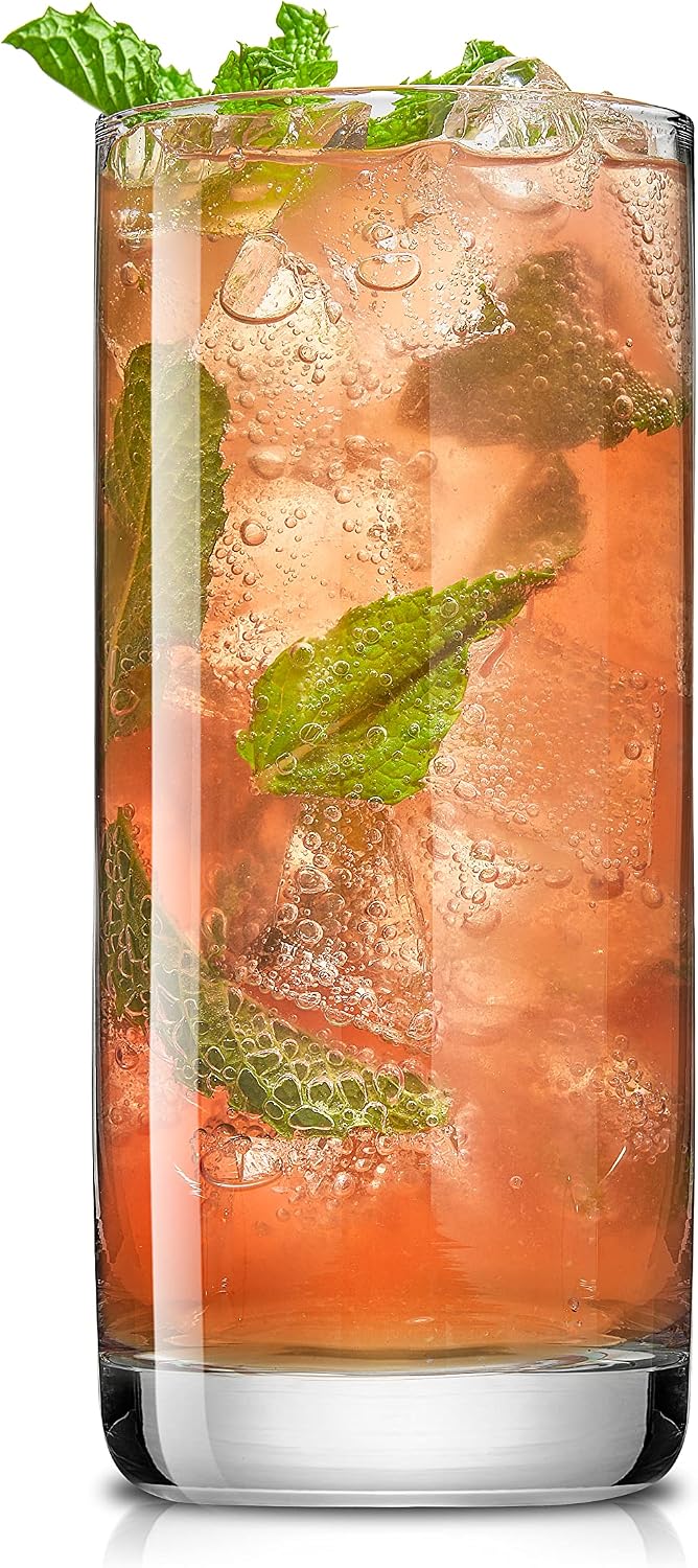 JoyJolt Faye 13oz Highball Glasses  6pc Tall Glass Sets. Lead-Free Crystal Drinking Glasses. Water Glasses  Mojito Glass Cups  Tom Collins Bar Glassware  and Mixed Drink Cocktail Glass Set