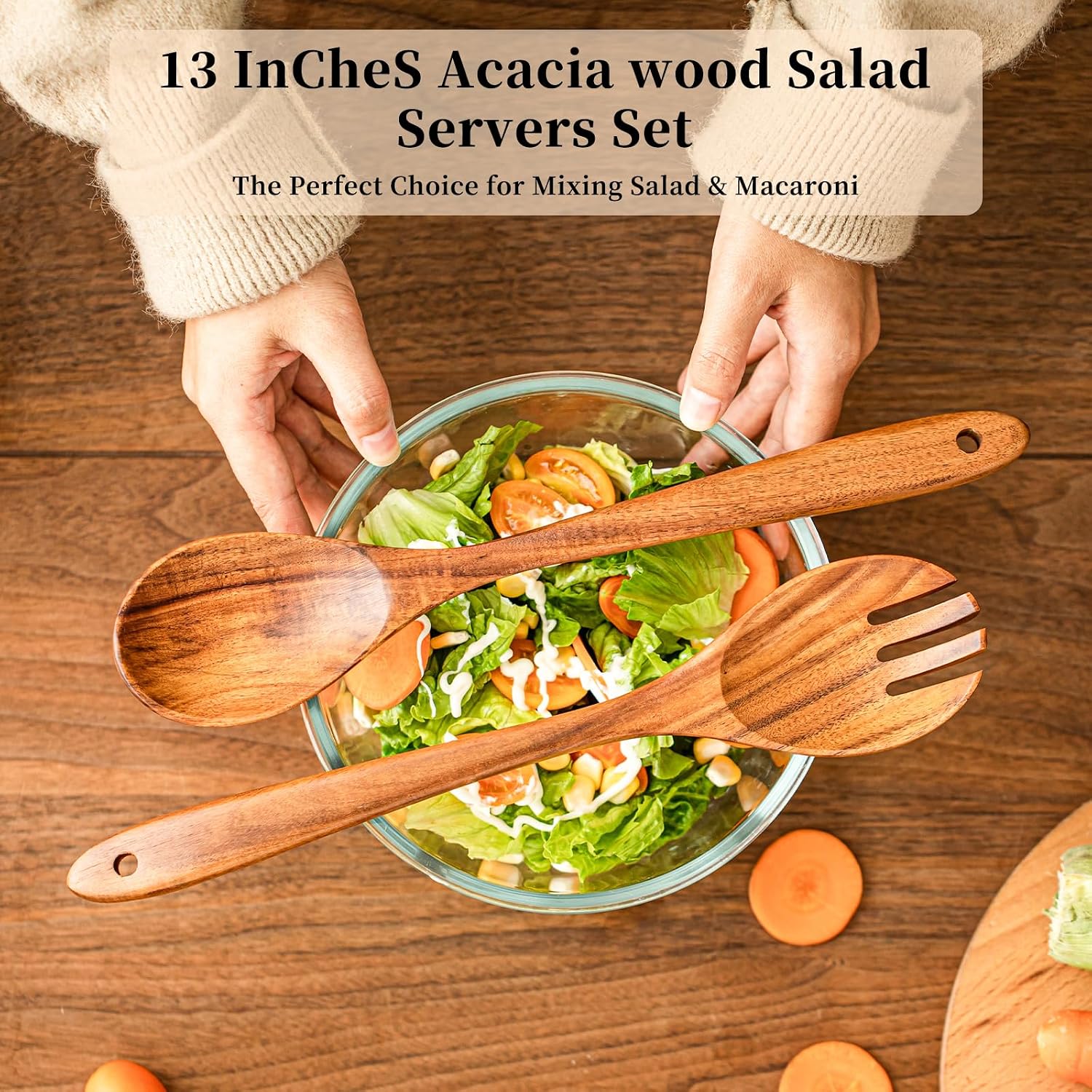 Gudamaye Acacia Wooden Salad Server Set 13 inch Salad Tongs for Serving including Salad Mixing Dinner Fork and Spoon Long Handle Salad Server Set
