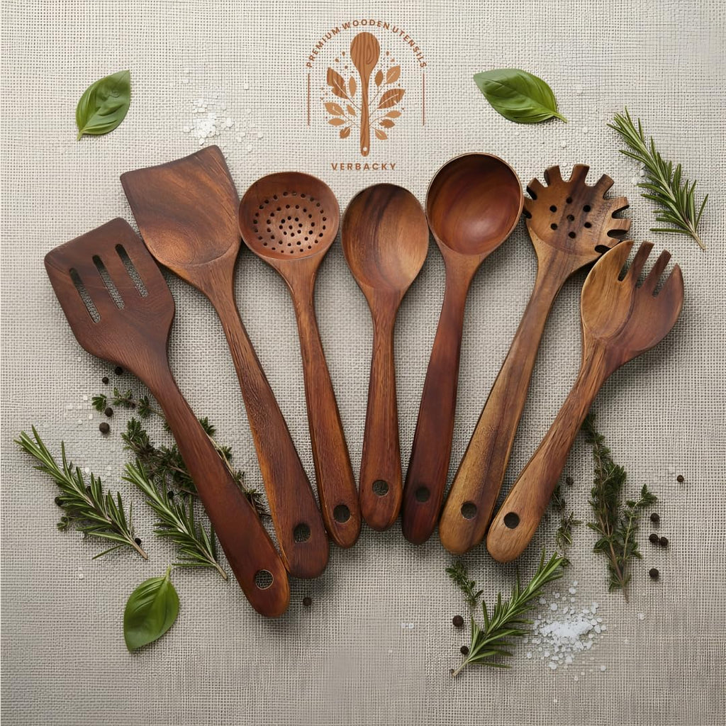 Wooden Utensil Set 9 PCS Hand-Crafted  Heat-Resistant  Non-Scratch & Easy-to-Clean Natural Teak Wooden Kitchen Tools with Spatula  Slotted Spatula  Spoons  Ladle  Pasta Server  Salad Fork  Holder Set