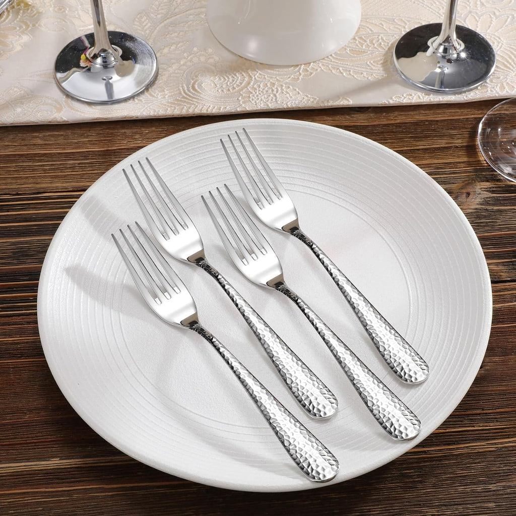 KEAWELL Premium 4-Piece Louise Hammered Fork Set  18/10 Stainless Steel  Fine Fork Set with Round Edge  Brightly-Mirror polished  Dishwasher Safe. (4  8" Dinner Forks)