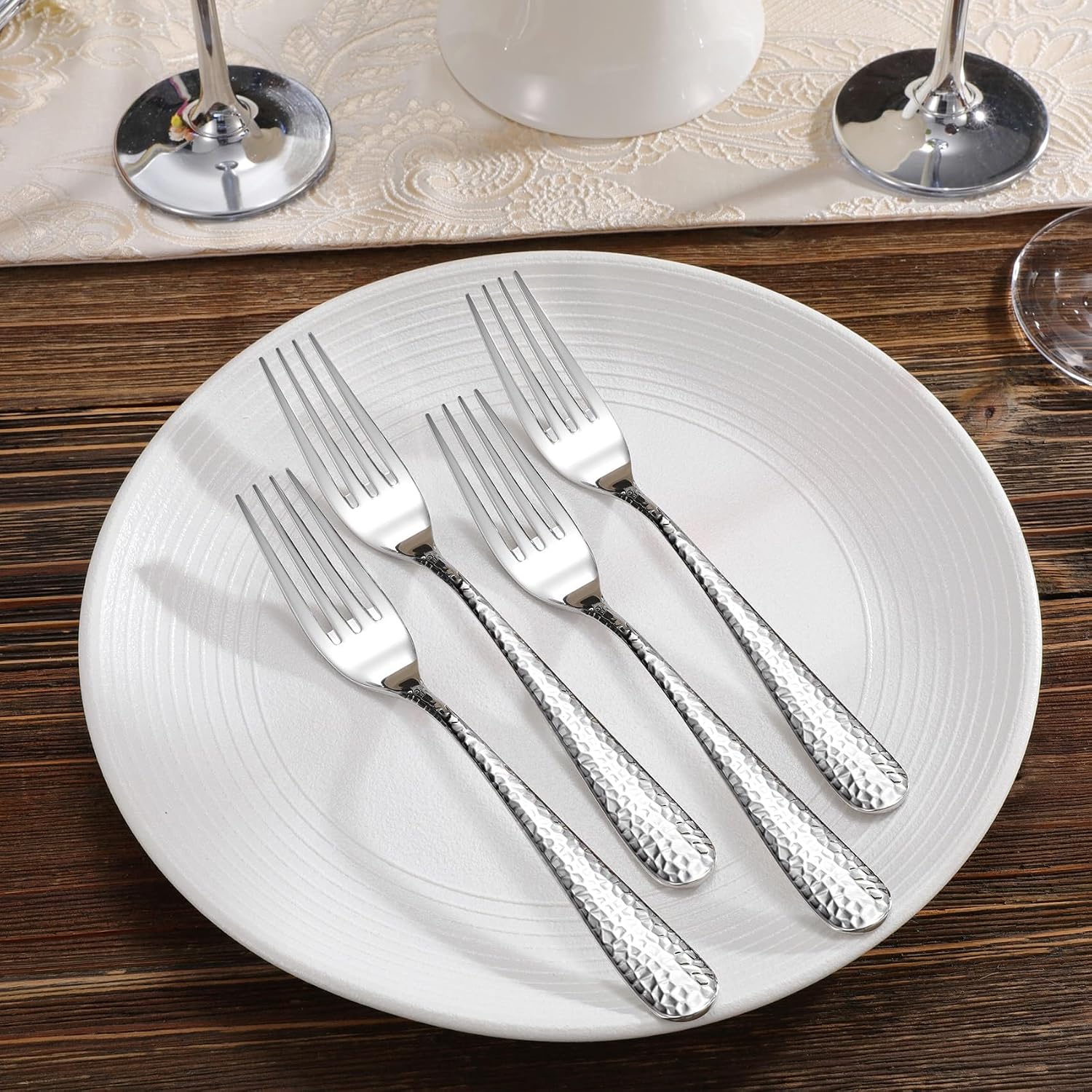 KEAWELL Premium 4-Piece Louise Hammered Fork Set  18/10 Stainless Steel  Fine Fork Set with Round Edge  Brightly-Mirror polished  Dishwasher Safe. (4  8" Dinner Forks)