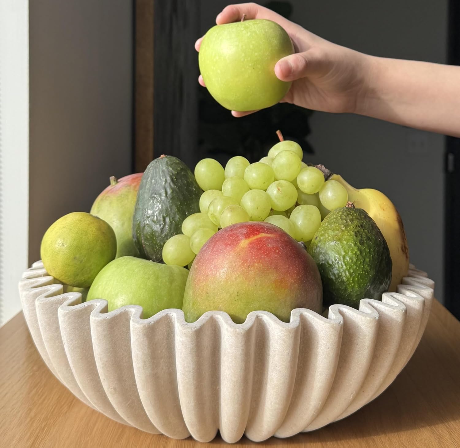 12" Extra Large Decorative Bowl – Decorative Fruit Bowl for Kitchen Counter  Modern Handmade Bowls for Home Decor  Ruffle Decor  Stylish Key Bowl for Entryway Table  Beige Artificial Stone