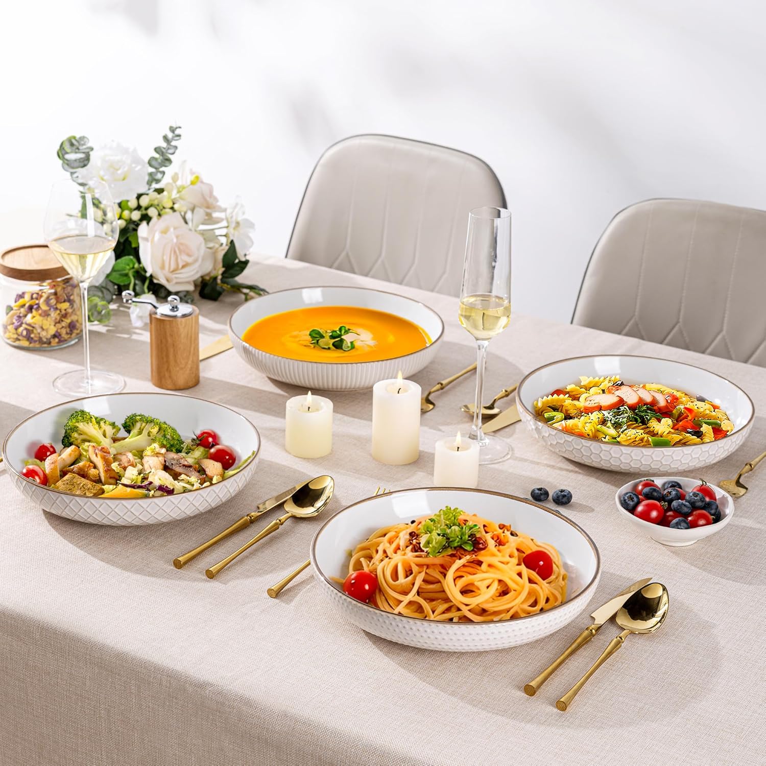 GBHOME 9.5'' Large Pasta Bowls  42 Ounce Stoneware Salad Bowls for Kitchen  Ceramic Serving Bowls With Textured Pattern for Pasta Fruit  Stews Noodle  House-warming Gift Set of 4-Off White