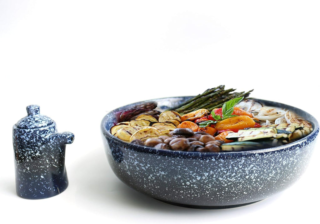 Extra Large Salad Serving Bowl  11 inch. Big Ceramic Navy Dark Blue Pasta bowl Plus Oil Bottle. 95 oz. Beautiful And Elegant Huge Design. Giant Mixing and Fruit Bowls