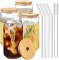 Drinking Glasses with Bamboo Lids and Glass Straw 4pcs Set - 16oz Glass Cups  Iced Coffee Glasses  Cute iced Tea Glasses  Beer Glasses  Ideal for Coffee Bar Accessories  Aesthetic Gift - 2 Brushes
