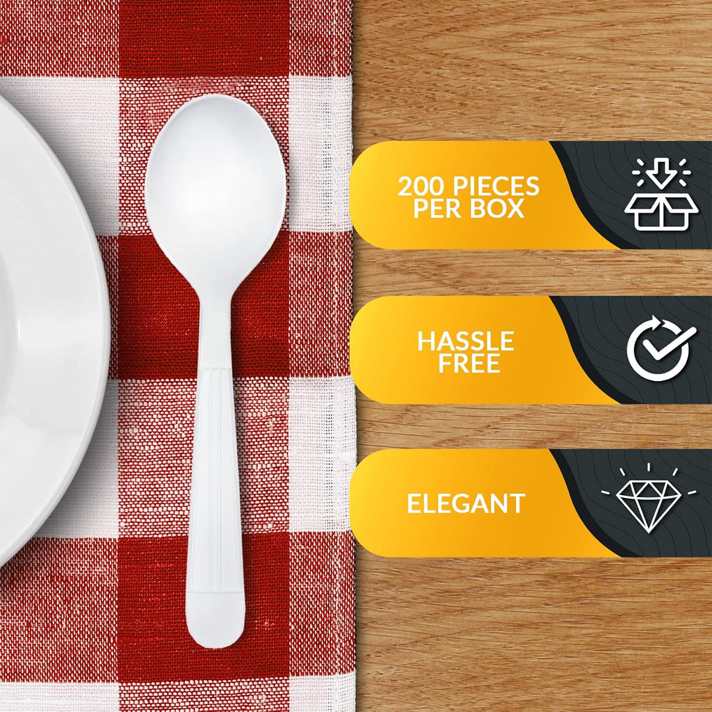 PAMI Heavy Weight Disposable Plastic Soup Spoons [200-Pack] - Bulk King Size Deluxe White Plastic Silverware For Parties  Weddings  Catering Food Stands  Takeaway- Heavy-Duty Single-Use Partyware