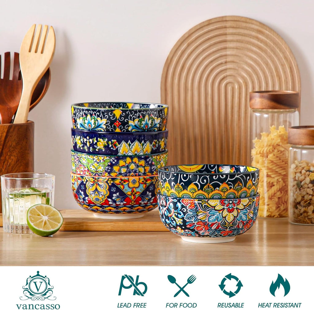 vancasso Cereal Bowls Set of 6  Bohemian Ceramic Soup Bowls  28 oz Colorful Bowls Set for Kitchen  Dishwasher & Microwave Safe for Salad  Pasta  Rice  Oatmeal  Fruit