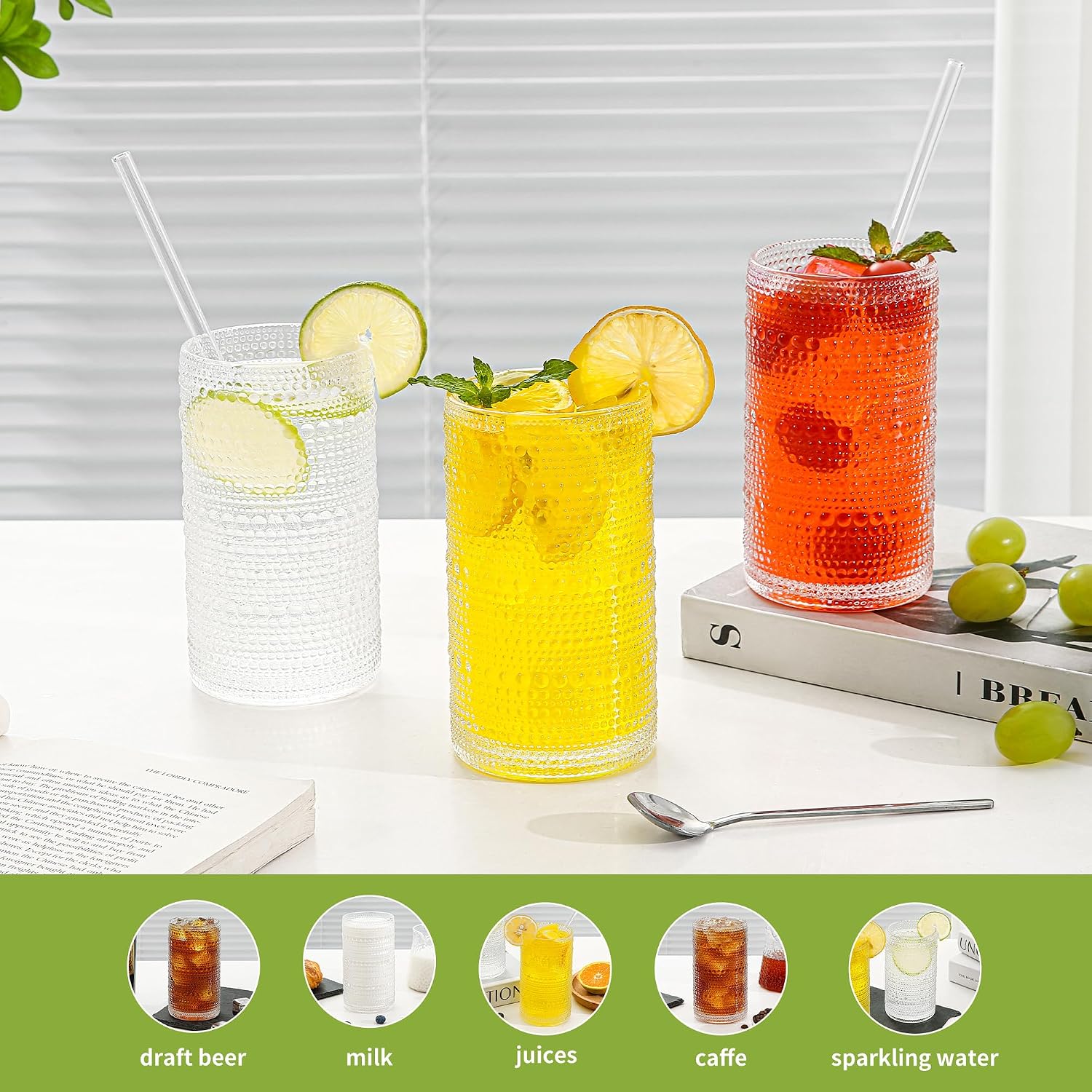 Large Vintage Hobnail Drinking Glasses Set of 6  16oz Clear Highball Glasses Cups  Kitchen Water Glasses Cup  for Cocktail  Juice  Whiskey  Milk and Various Mixed Drinks