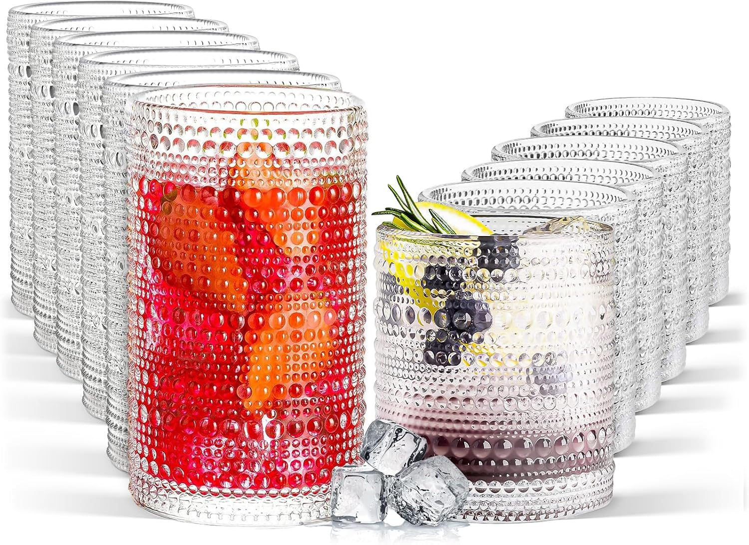 Hobnail Drinking Glasses Set of 12  11.8 oz Vintage Glasses Drinking Set & 10 oz Cocktail Glasses Set  Embossed Glass Cups for Kitchen  Beer  Juice  Cocktail  Whiskey  Milk