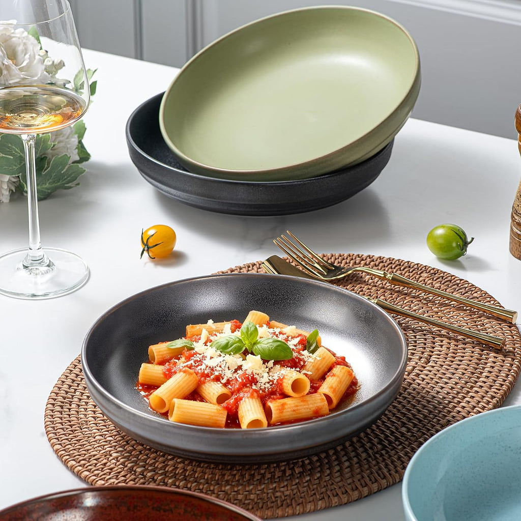 HAPPY KIT Stoneware Pasta Bowls 9''  Set of 4  42 Oz  Reactive Glaze Large Salad Bowls  Ceramic Serving Bowls for Fruit Soup Noodle  Dinner  Scratch Resistant  Bronze Gray