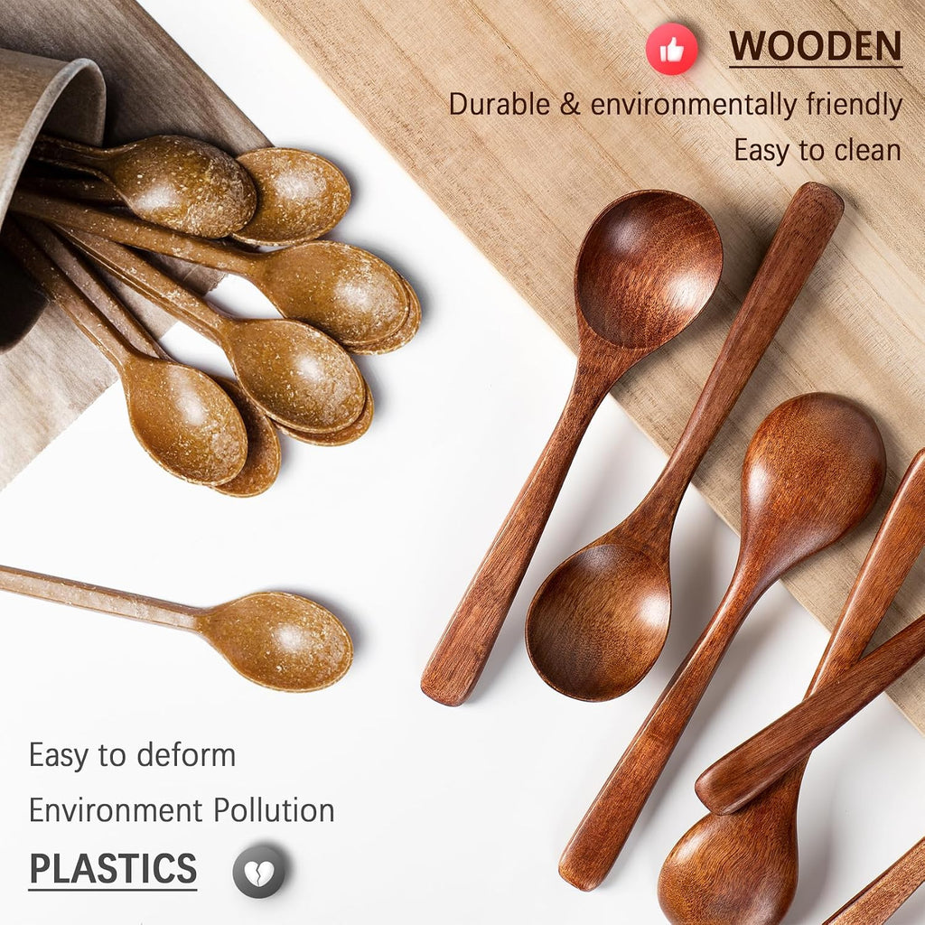 7 PCS Wooden Spoons for Eating  7 inch Wooden Honey Spoons for Tea  Wood Teaspoons for Stirring Coffee  Hard Wood Table Spoon for Cooking  Small Serving Spoon for Soup  Desserts & Cereal