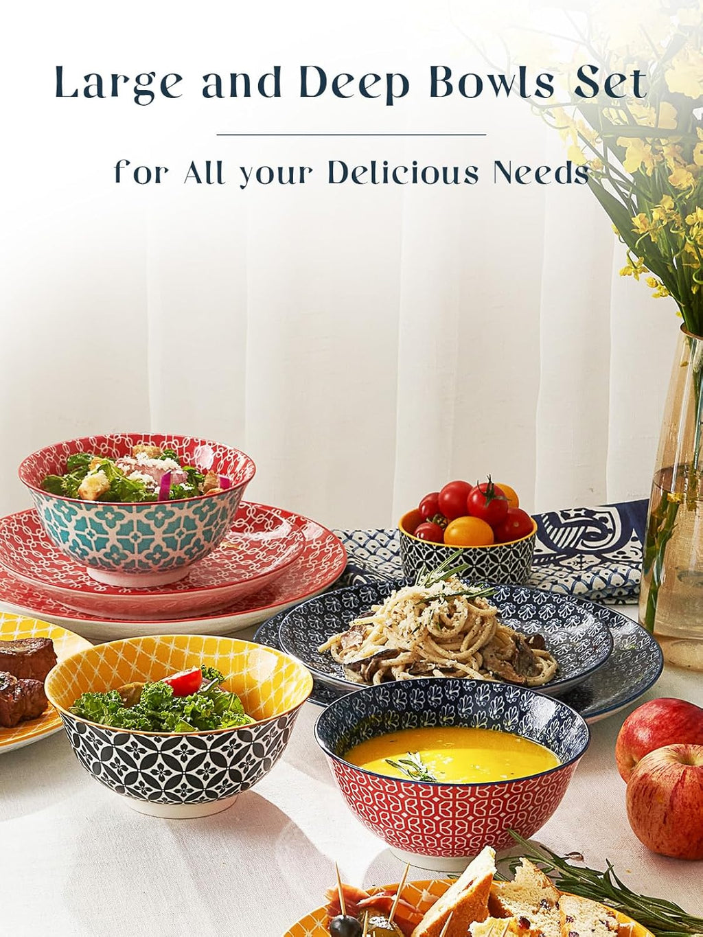 DOWAN Mosaian 33 OZ Large Bowl Set of 6 - Ceramic Deep Bowls for Ramen  Pasta  Salad - Vibrant Patterned Porcelain Bowls for Kitchen Decor & Housewarming Gift - Dishwasher & Microwave Safe