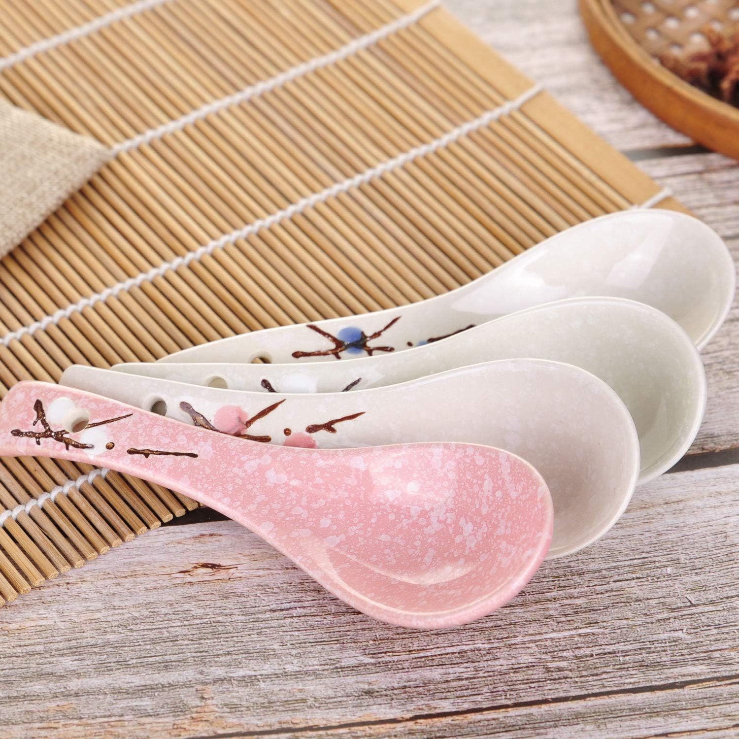 VanEnjoy Set of 4 Chinese/Japanese Ceramic Soup Spoons  Pink Cherry Blossom in Snow Pattern Ceramic Spoon Suitable for Soup