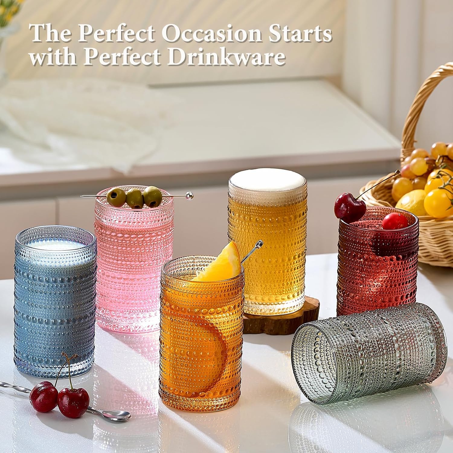 Mfacoy Colored Hobnail Drinking Glasses Set of 6  12oz Vintage Kitchen Glassware  Embossed Beaded Glass Cups  Water Glasses  Beaded Colorful Water Tumbler for Cocktail  Juice and Various Mixed Drinks