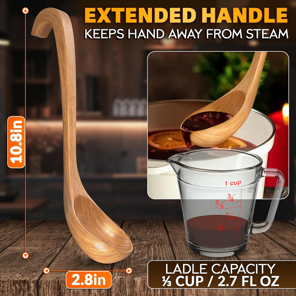 Wooden Ladle for Soup – 10.8×2.8" Deep Wood Ladle with 2.7 fl oz Capacity  Long Handle Hook-End & Lacquer Coating for Comfortable Grip – Easy-Clean Wooden Soup Spoon for Sauces  Stews & Kitchen Use