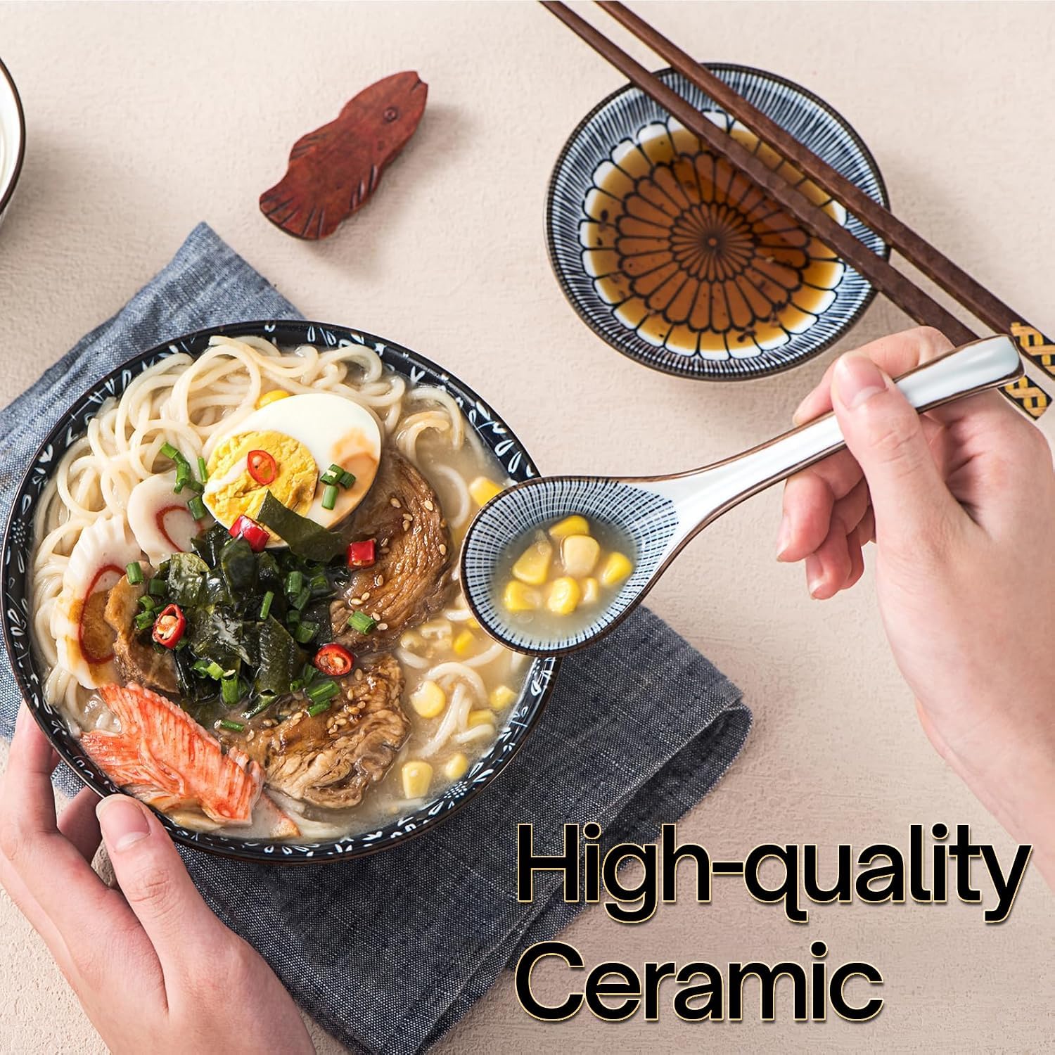 KHOI NGUYEN Asian Soup Spoon Set of 4  Ceramic Pho Spoons  Ramen Spoon  Chinese Soup Spoons  Vietnamese Gifts  Non-Slip  Dishwasher Safe for Ramen  Pho  Wonton  Miso  Dumplings  4pcs