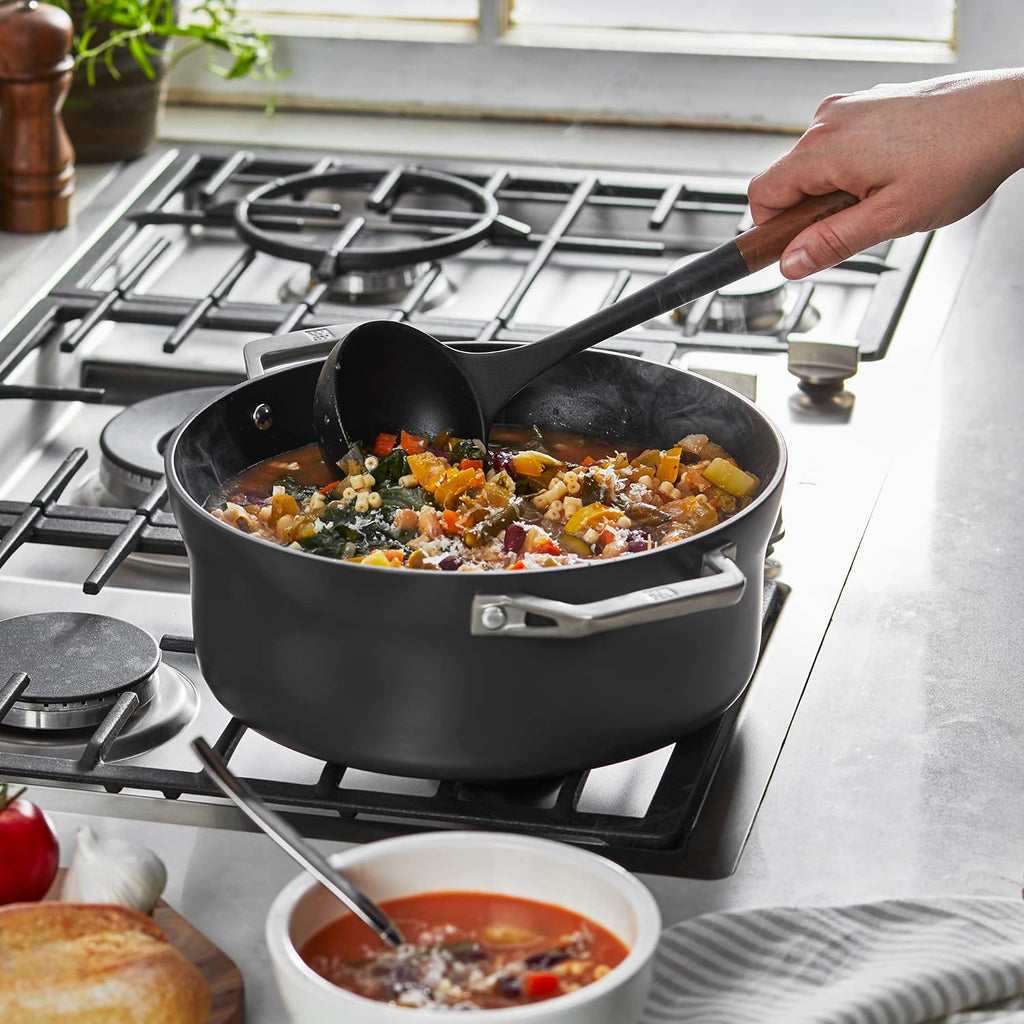 STAUB Soup Ladle  Perfect for Serving Hot Soup  Portion Batter for Pancakes  and Sauce Pasta  Durable BPA-Free Matte Black Silicone  Acacia Wood Handles  Safe for Nonstick Cooking Surfaces