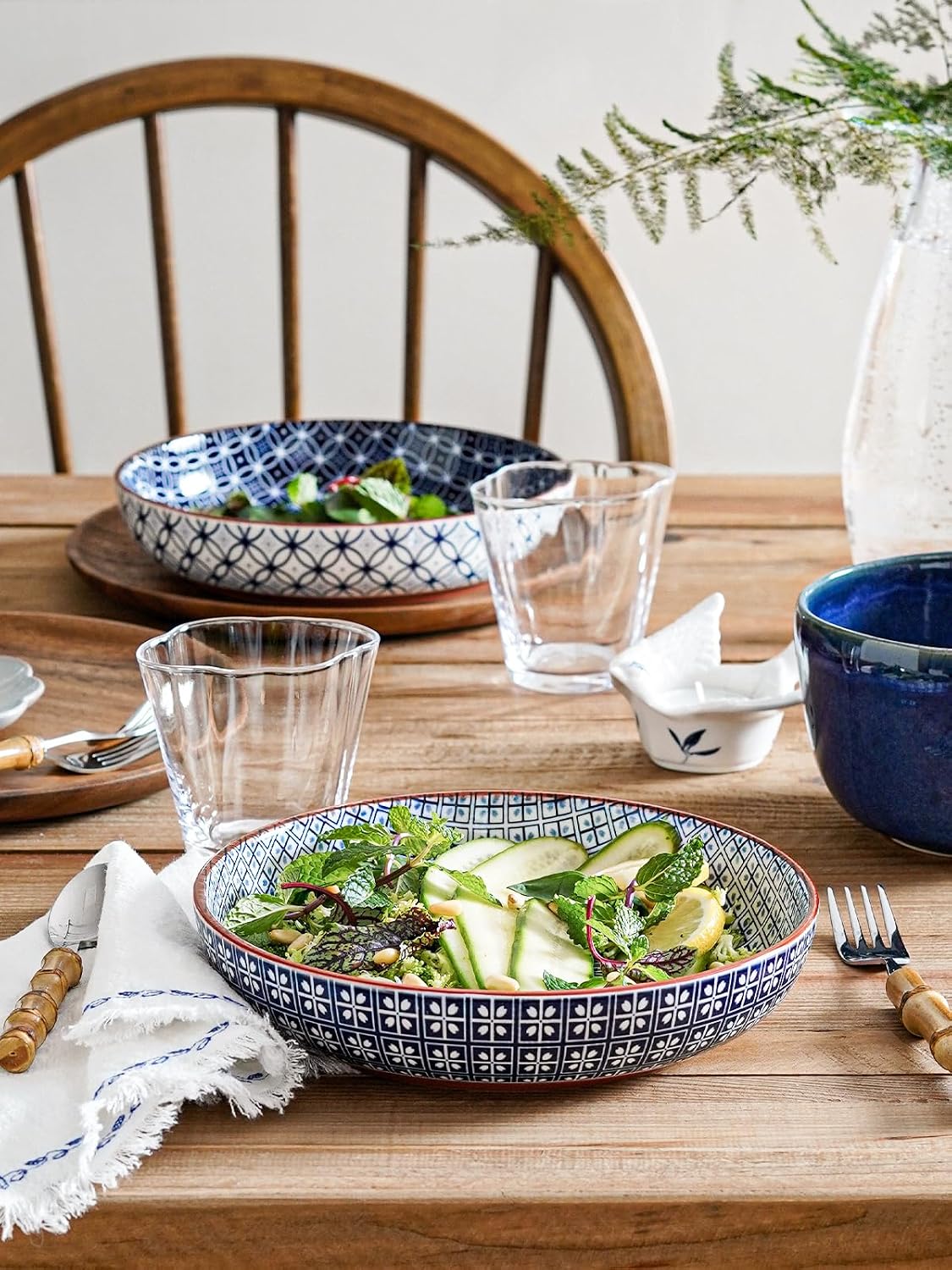 LE TAUCI Pasta Bowl 32 oz  Ceramic Salad Bowl  Japanese-Style Plate Bowls for Serving Pasta  Fruits  Salad  Noodle  Dinner  Soup  Mircrowave Oven Dishwasher Safe - 8.2 Inch  Set of 4  Vintage Blue