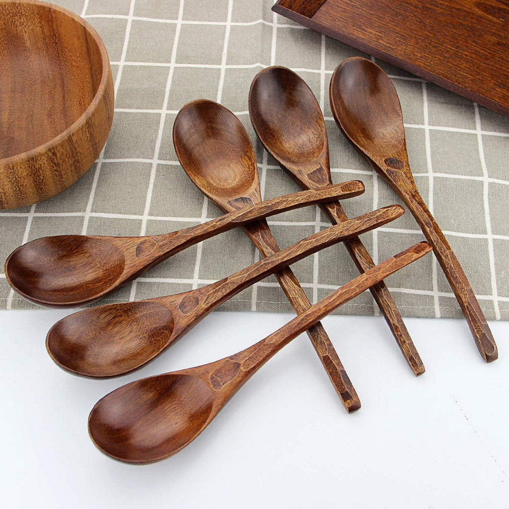 Soup Spoons AOOSY Wooden Soup Spoons  6 Pieces 7.84 inches Japanese Ramen Spoon Round Nanmu Wood Long Handle Rice Dessert Cooking Tasting Dinner Table Spoon for Kitchen Restaurant